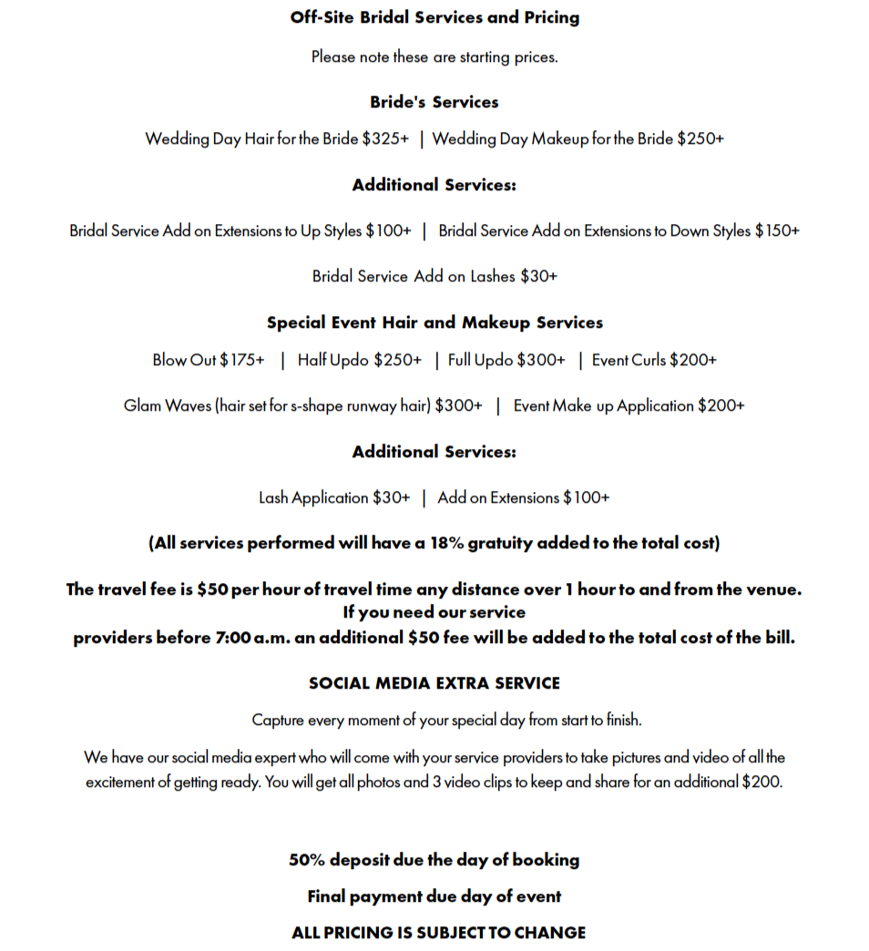 Off-site bridal services and pricing list including bride's hair and makeup, additional services, special event hair and makeup, gratuity policy, travel fees, and social media extra service.