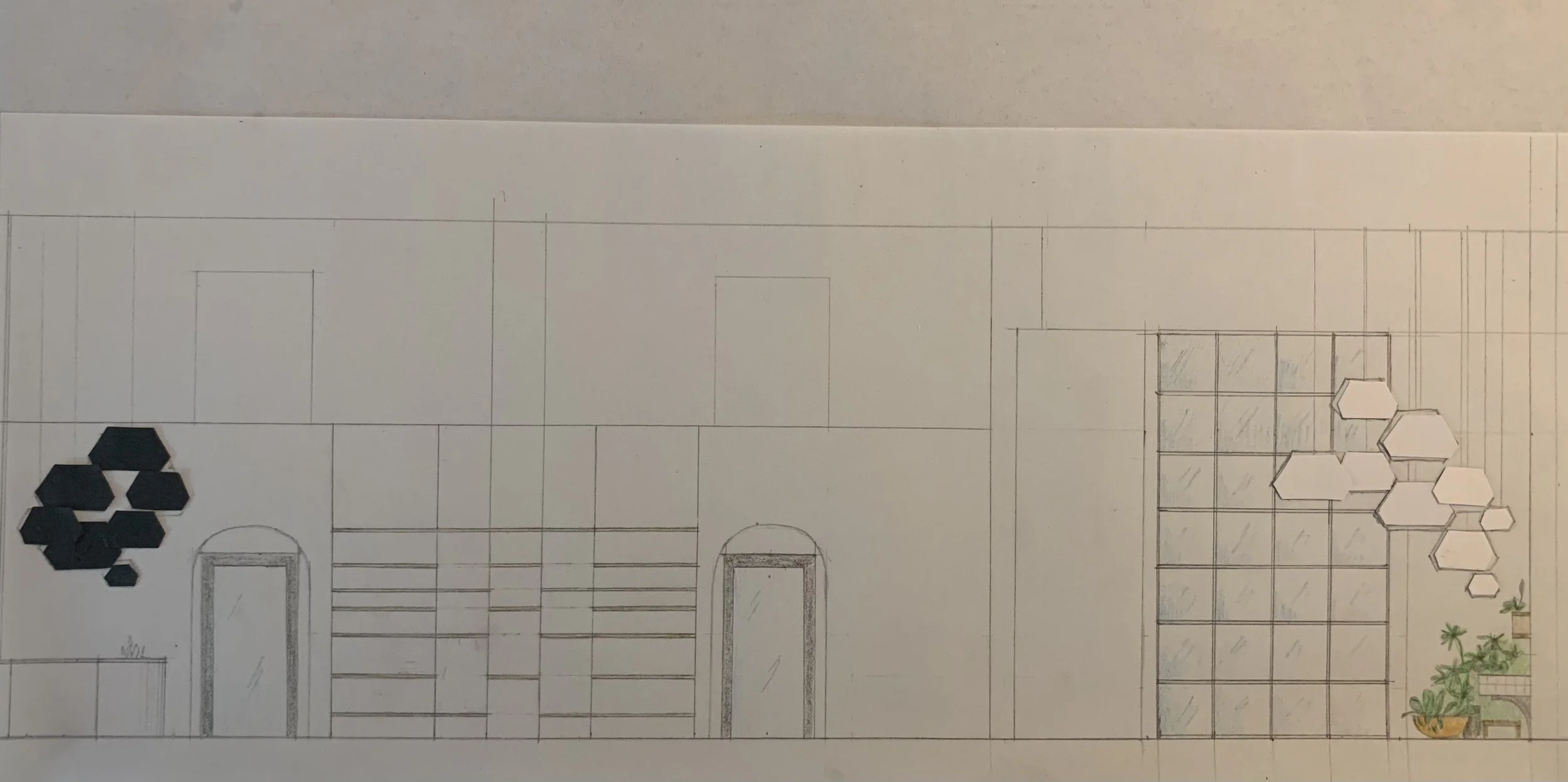 Architectural sketch of a modern interior space featuring shelves, a window, plants, and decorative hexagonal hanging lights.