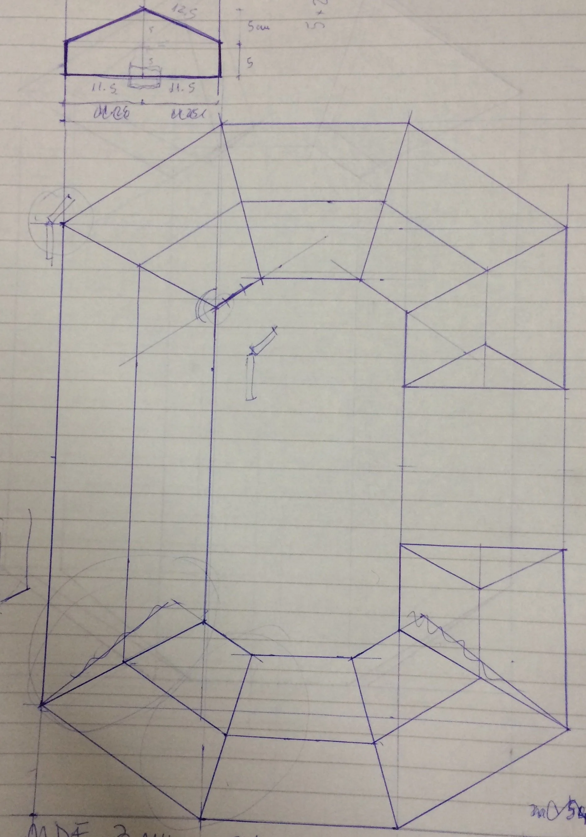 Hand-drawn technical sketch of a cube-like structure with detailed measurements and top and side views on lined notebook paper.