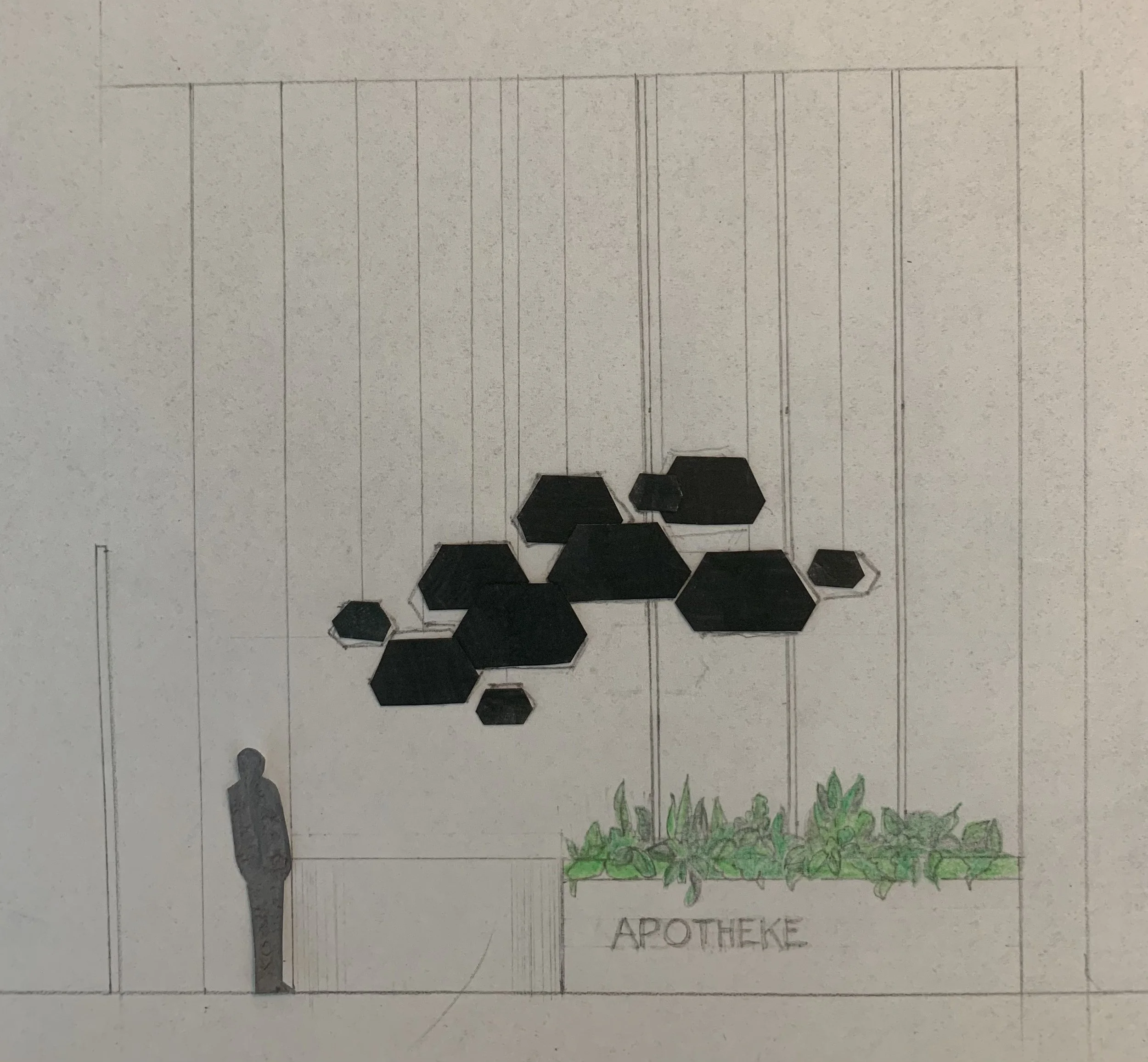 Drawing of a building facade with a row of black hexagonal shapes resembling a honeycomb pattern above the word 'APOTHEKE', and a human figure standing to the left of a door.