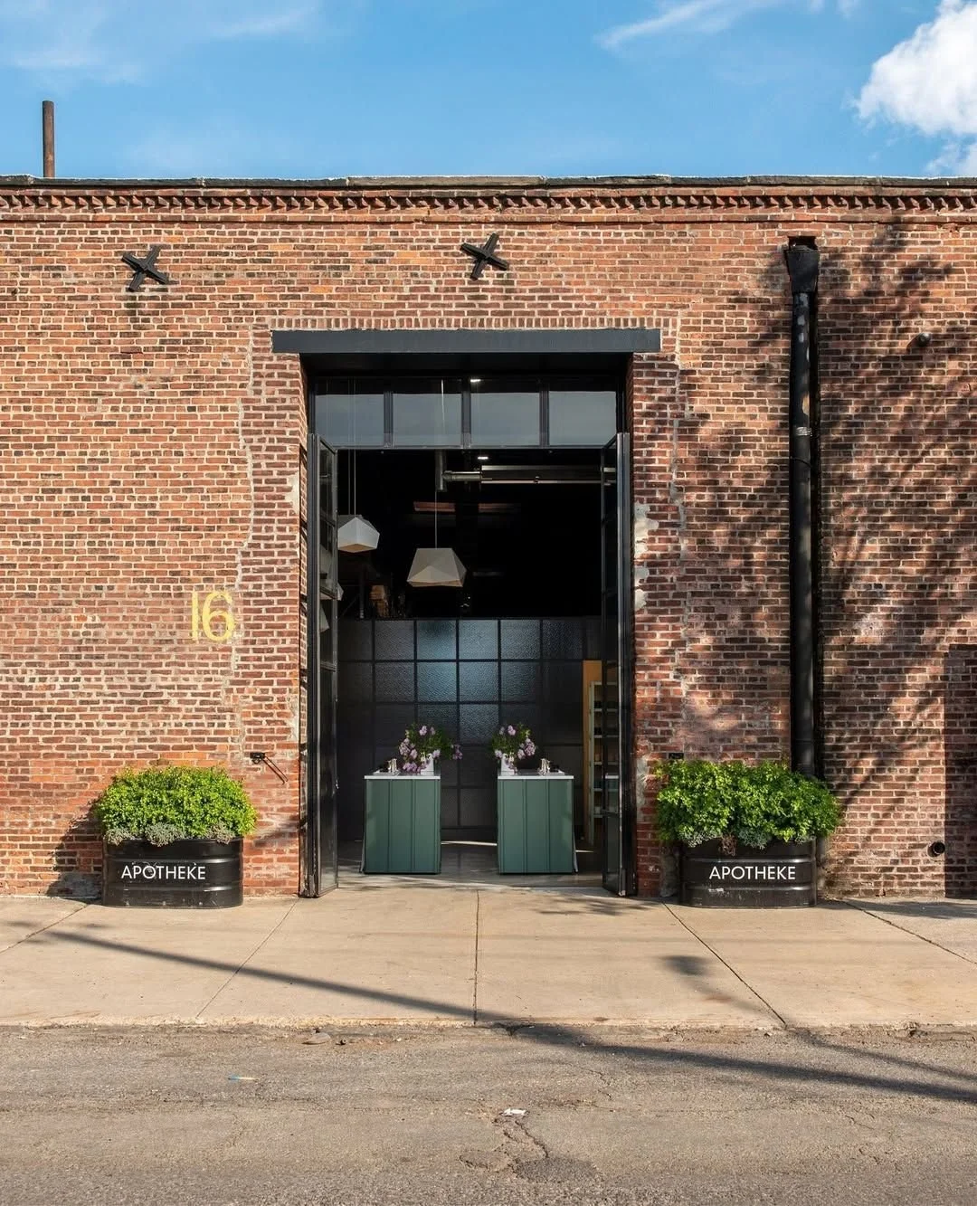 The image shows the entrance of a building with a brick facade. There are two large black planters with green bushes on either side of the entrance, each labeled "APOTHEKE." Inside the building, visible through the large open door, are two green disp