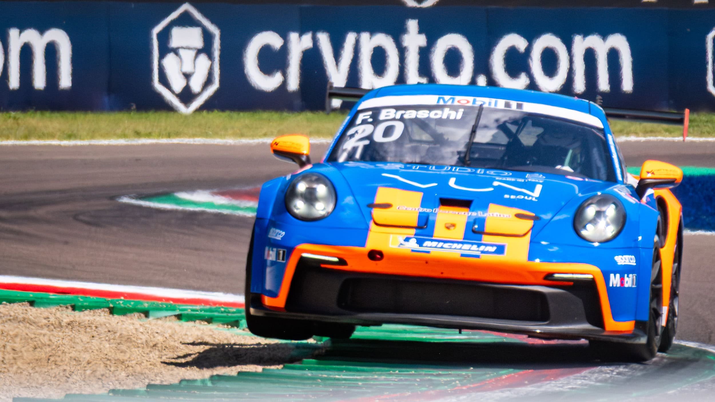 911 GT3 Cup (992 generation) competing in the 2025 Porsche Mobil 1 Supercup at Imola. The #20 car was driven by Italian driver Francesco Braschi for Ombra Racing.