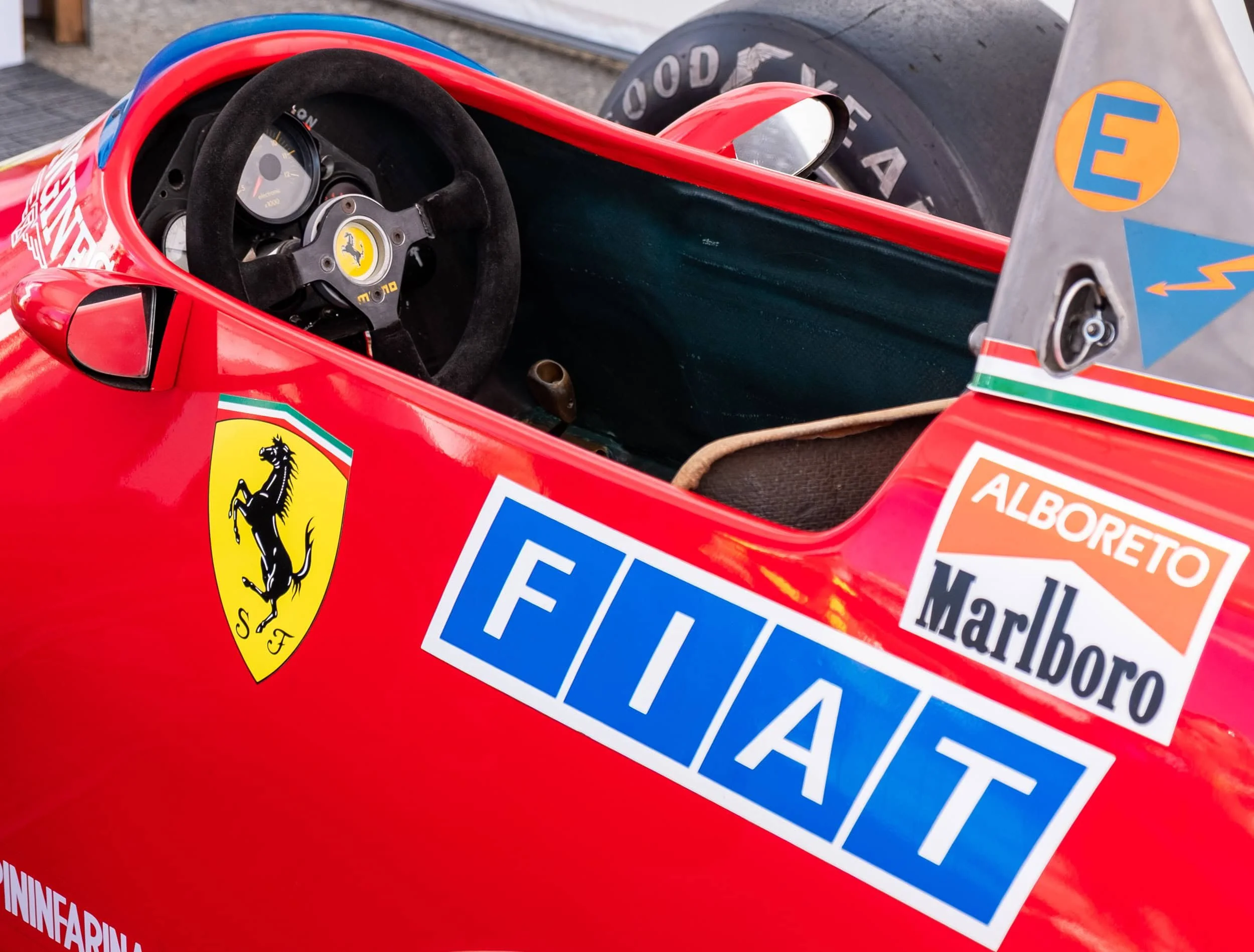 Close-up of the Ferrari-126-C4, displayed the F1 Imola Grand Prix.
