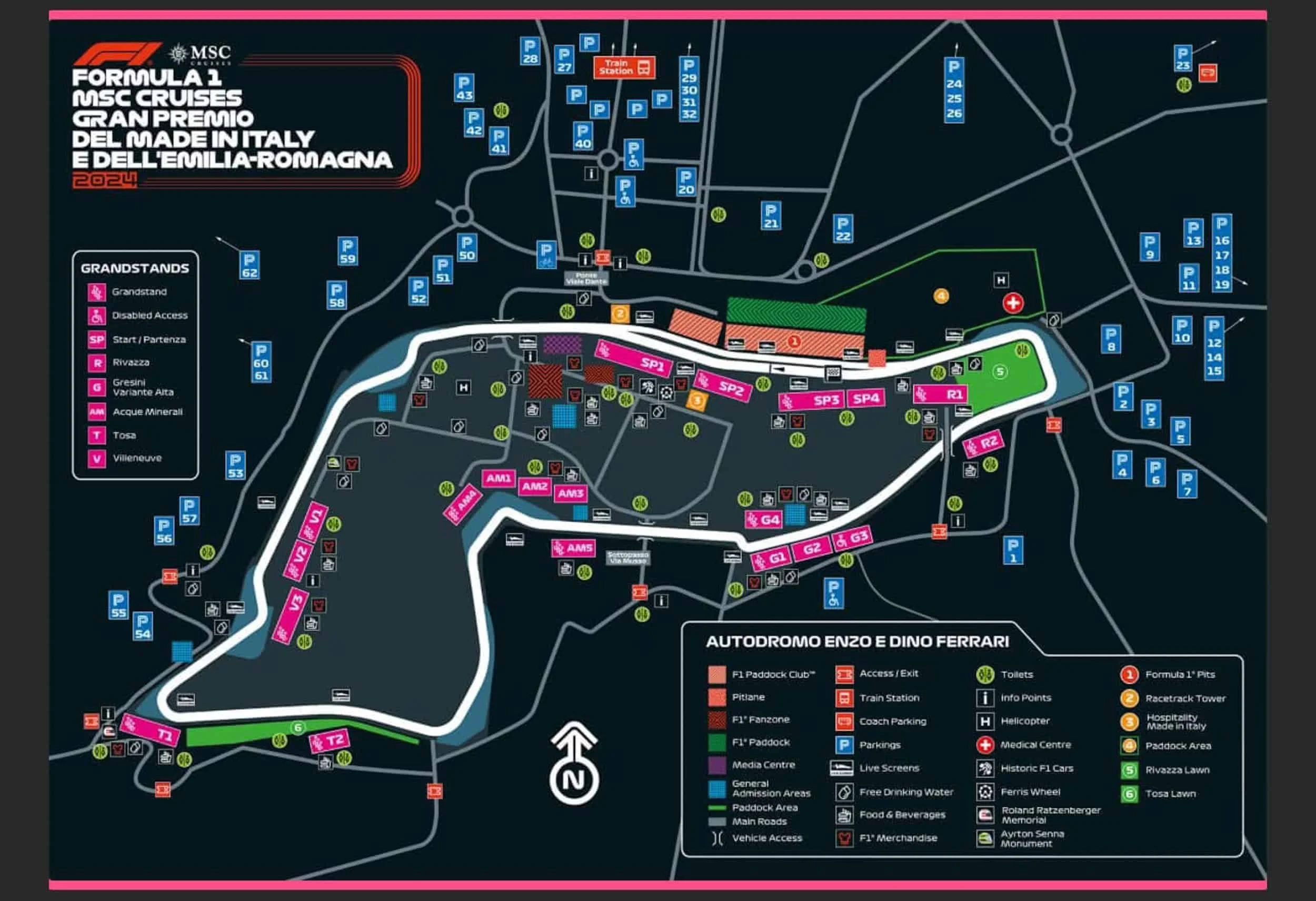 Map of the Autodromo Enzo e Dino Ferrari in Imola, Italy.
