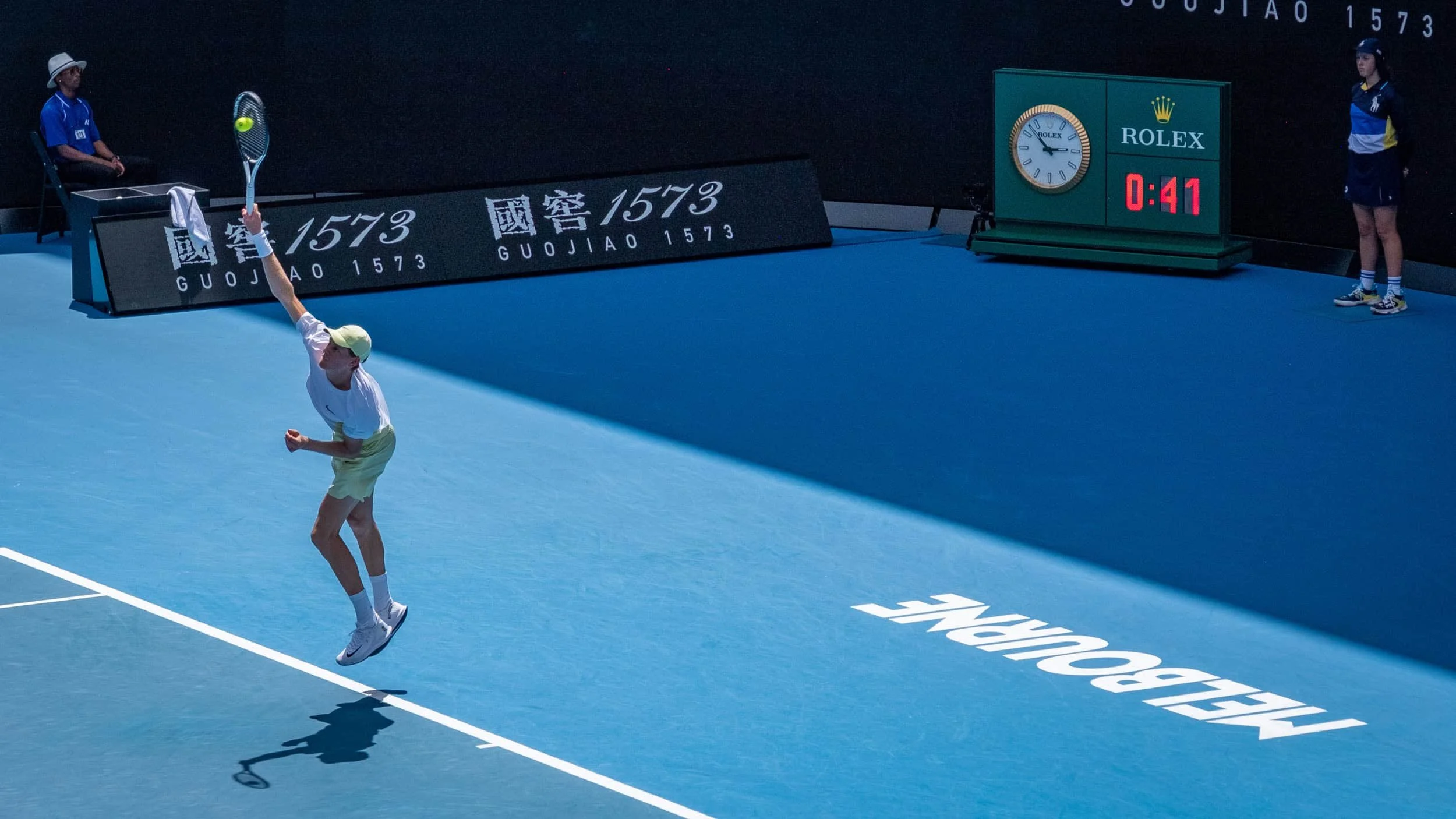 Jannik Sinner serving vs Holder Rune, 4th round of the 2025 Australian Open.