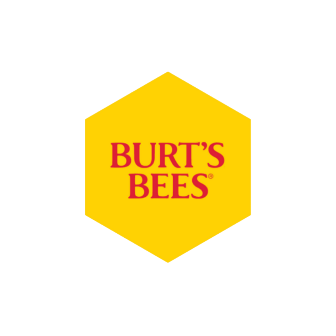 Burt's Bees logo with yellow hexagonal background and red text