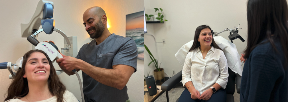 Dr. Manuj Nangia, a certified TMS psychiatrist adjusting the magnetic coil for a patient at a Los Gatos depression treatment center. A patient preparing for non-invasive TMS therapy for depression in a friendly, local Los Gatos clinic.