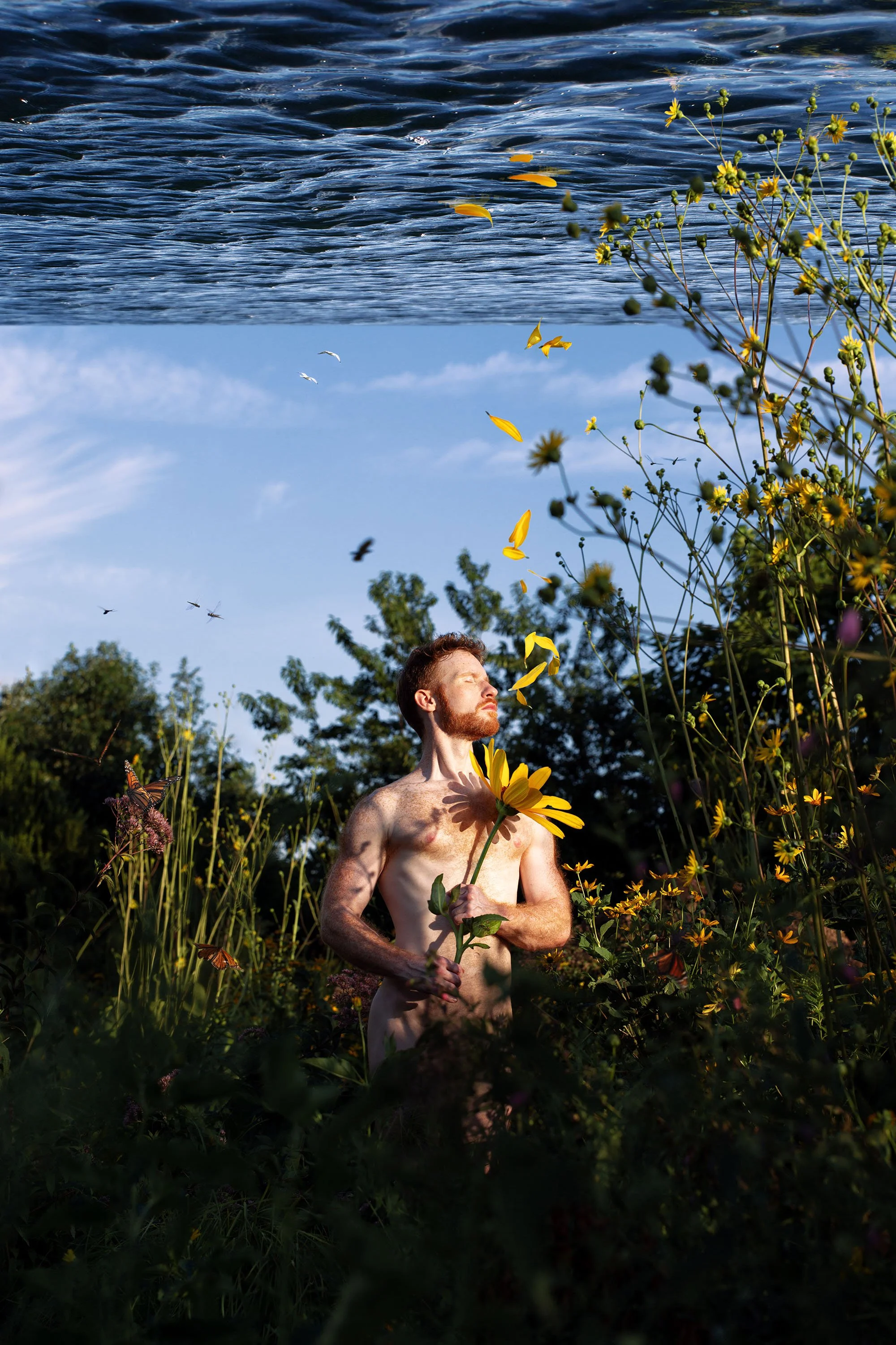A shirtless man with a beard holding a yellow flower among tall yellow and purple wildflowers, standing in a lush green field under a blue sky with drifting white clouds, and birds flying above.
