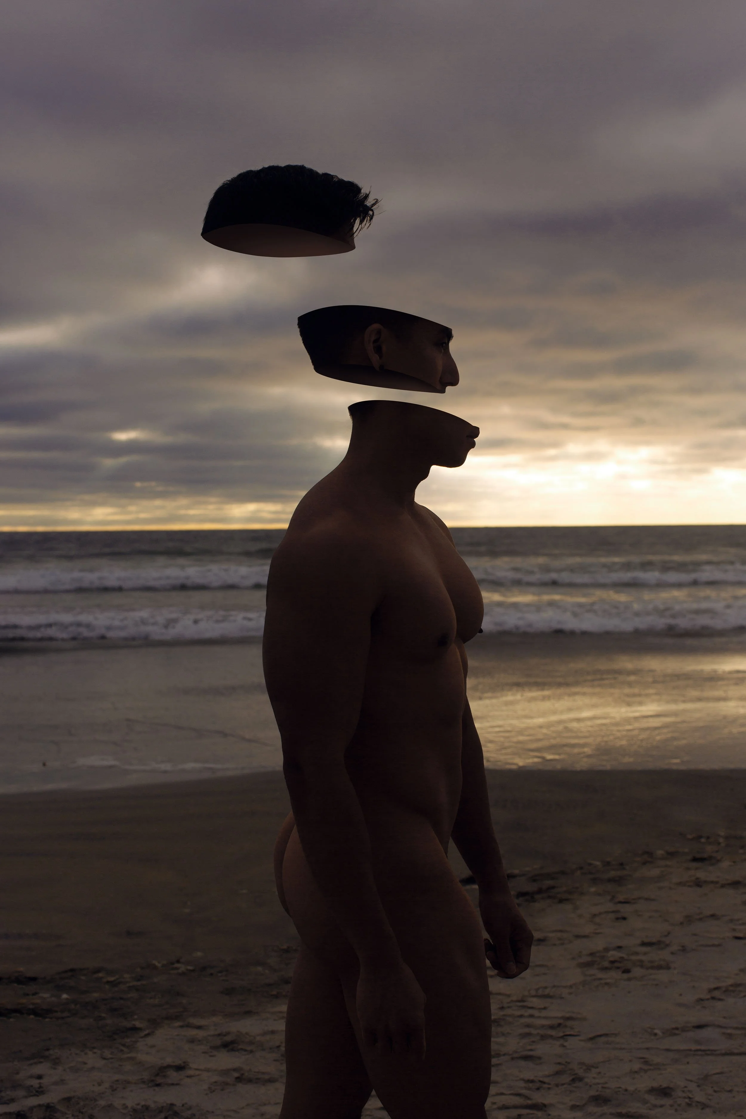 A person at the beach during sunset with parts of his head missing, creating a surreal, layered effect.