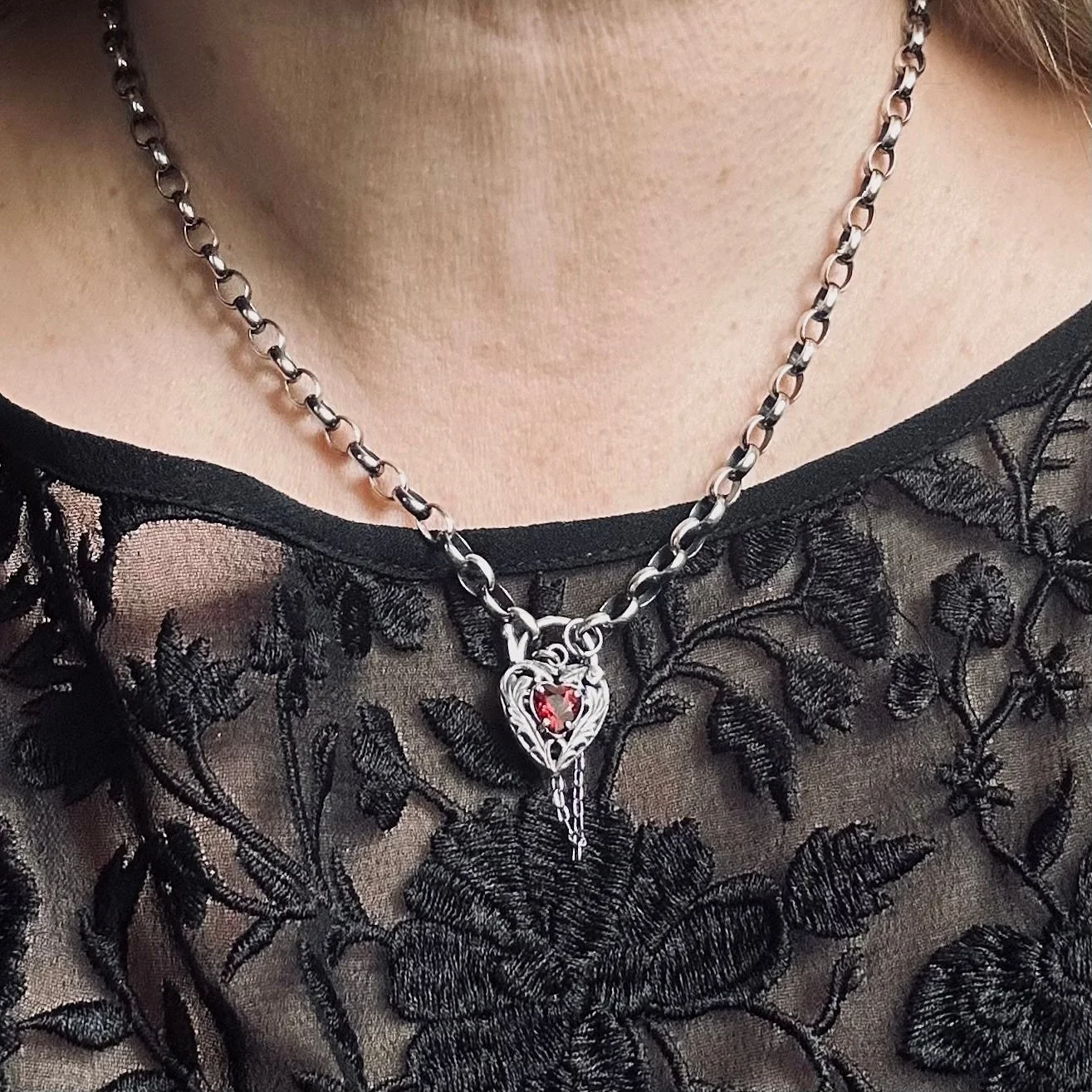 Gothic Sterling Silver Padlock Skull Necklace with Heart — EMMA