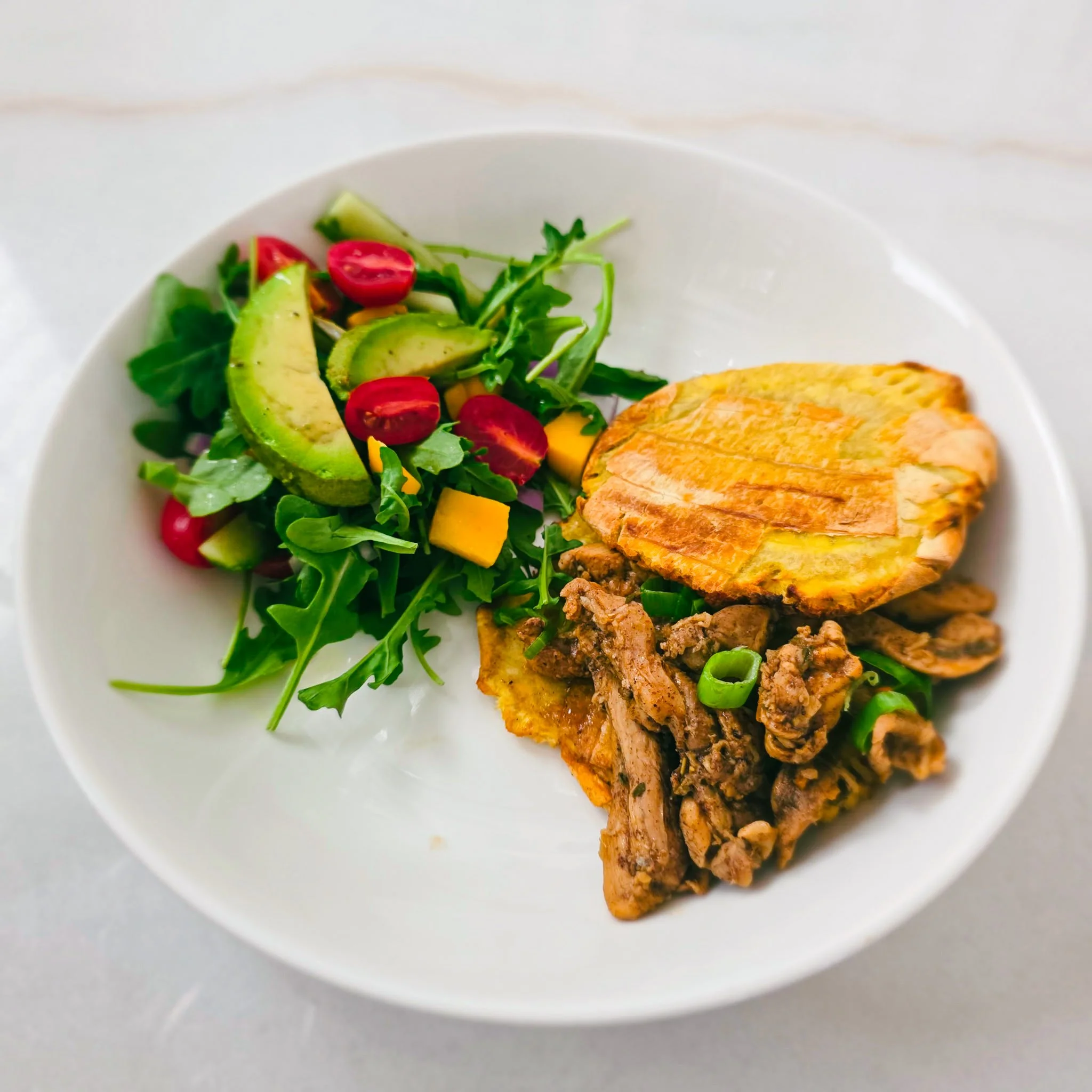 Jerk Chicken Tostones Sandwich + Mango Arugula Salad