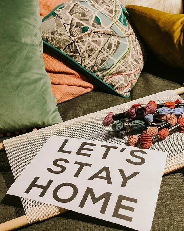 The next lockdown project? ✂️ A needlepoint cushion - very topical for these times, but also a sign Dylan and I had up in our first London flat.