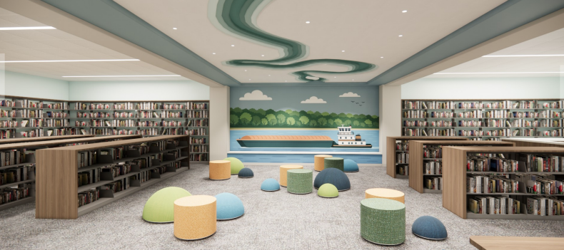 Rendering of a library with cylindrical and half-spherical stools in green, blue, and orange. A mural on the far wall shows a tug boat in the same colors.