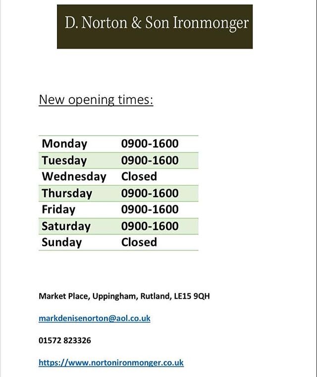 As we welcome back many other shops in the town we have increased our opening times this week. #COVID19 #socialdistancing2020 #shoplocal #ironmonger #hardware #paint #gardening #uppingham #diyprojects