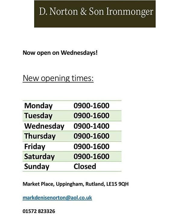 Opening times for week beginning 22nd June. As you see we shall be open Weds morning too. #uppingham #shoplocal #ironmonger #hardware #barbeque #paint