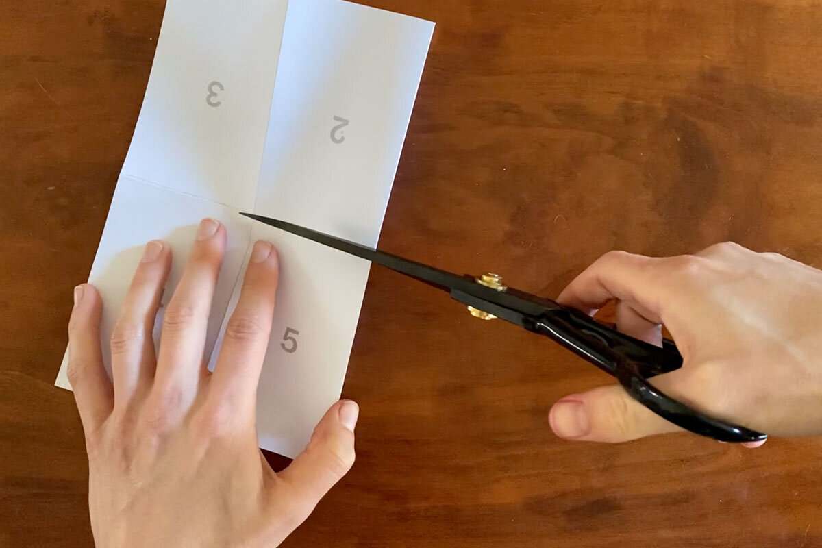 library books quarantine Open the paper flat and fold it in half so the two shortest edges meet with the print-out showing. Use scissors to cut from the middle of the folded edge through to the crease. Stop cutting at the crease.