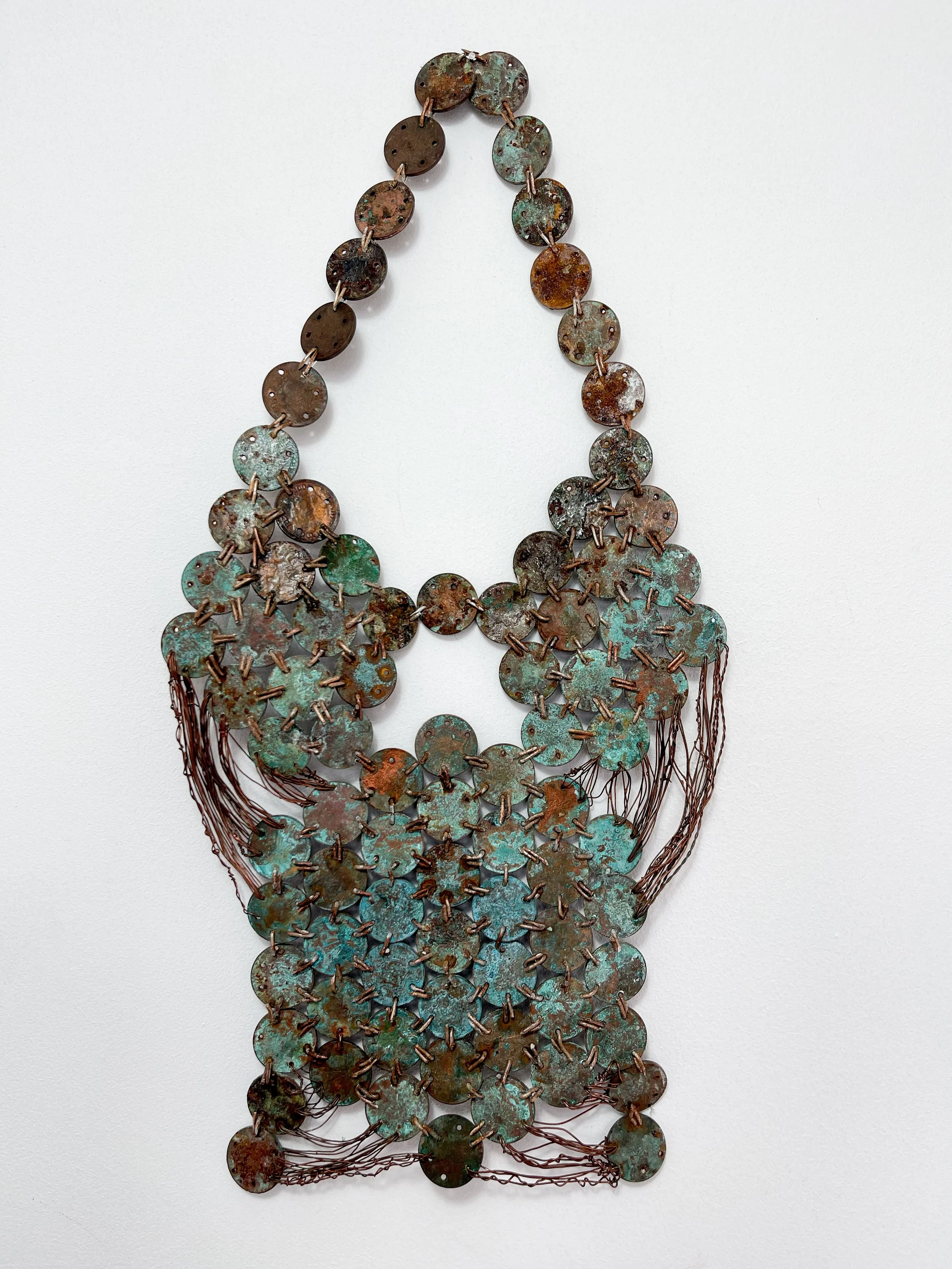 Thorax (2024), patinated 2 pence coins, copper wire
