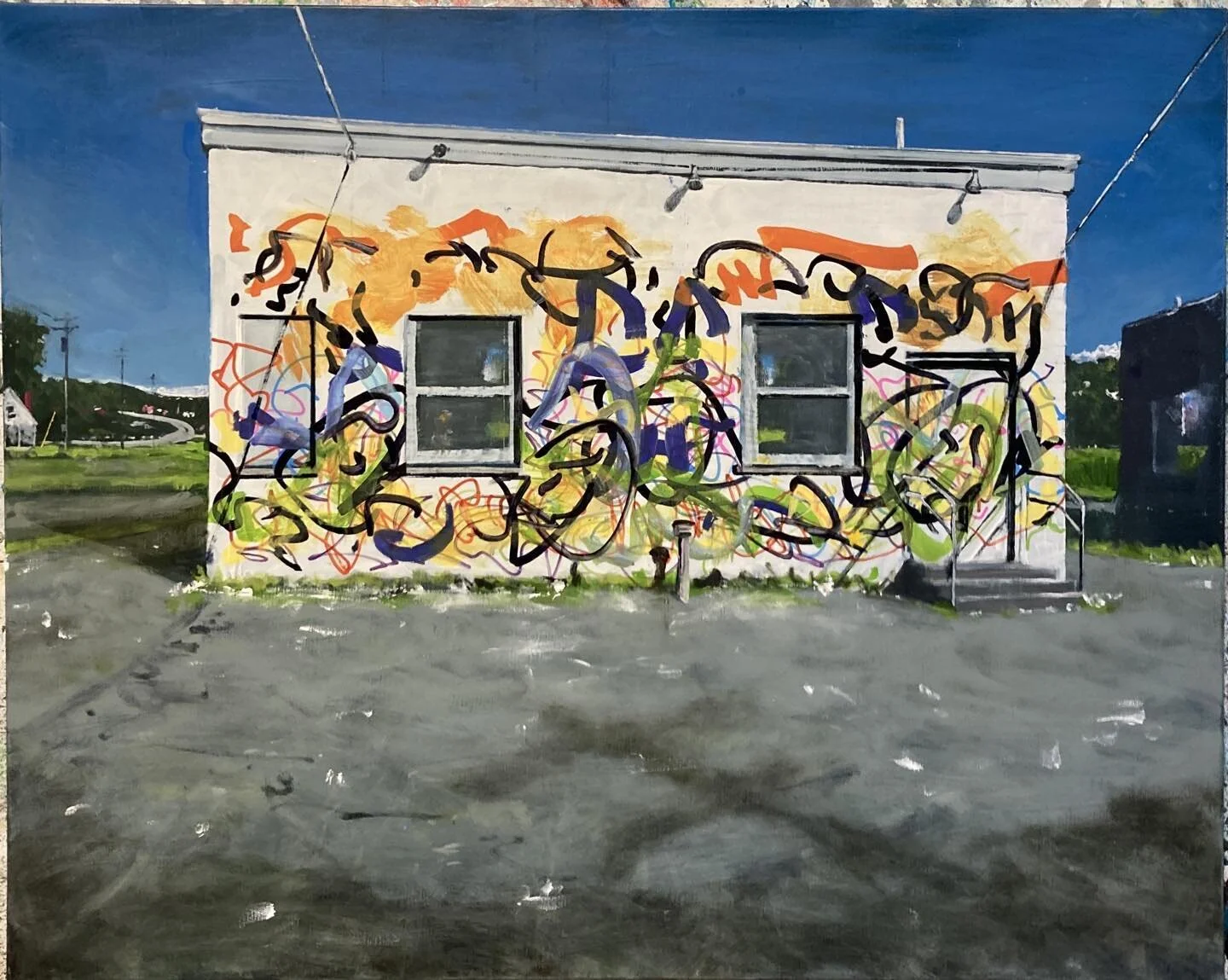 Finishing a Rutland Vermont painting. 24-30&rdquo;Oil And paint marker on linen. @3pearsgallery.com