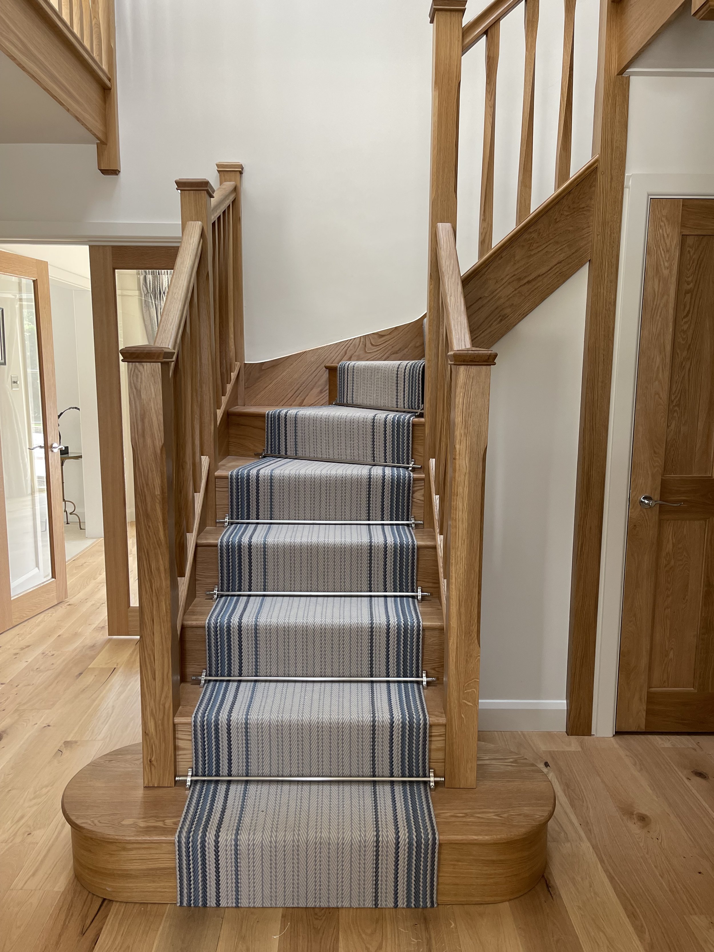 Blue stair runner staircase and wooden flooring