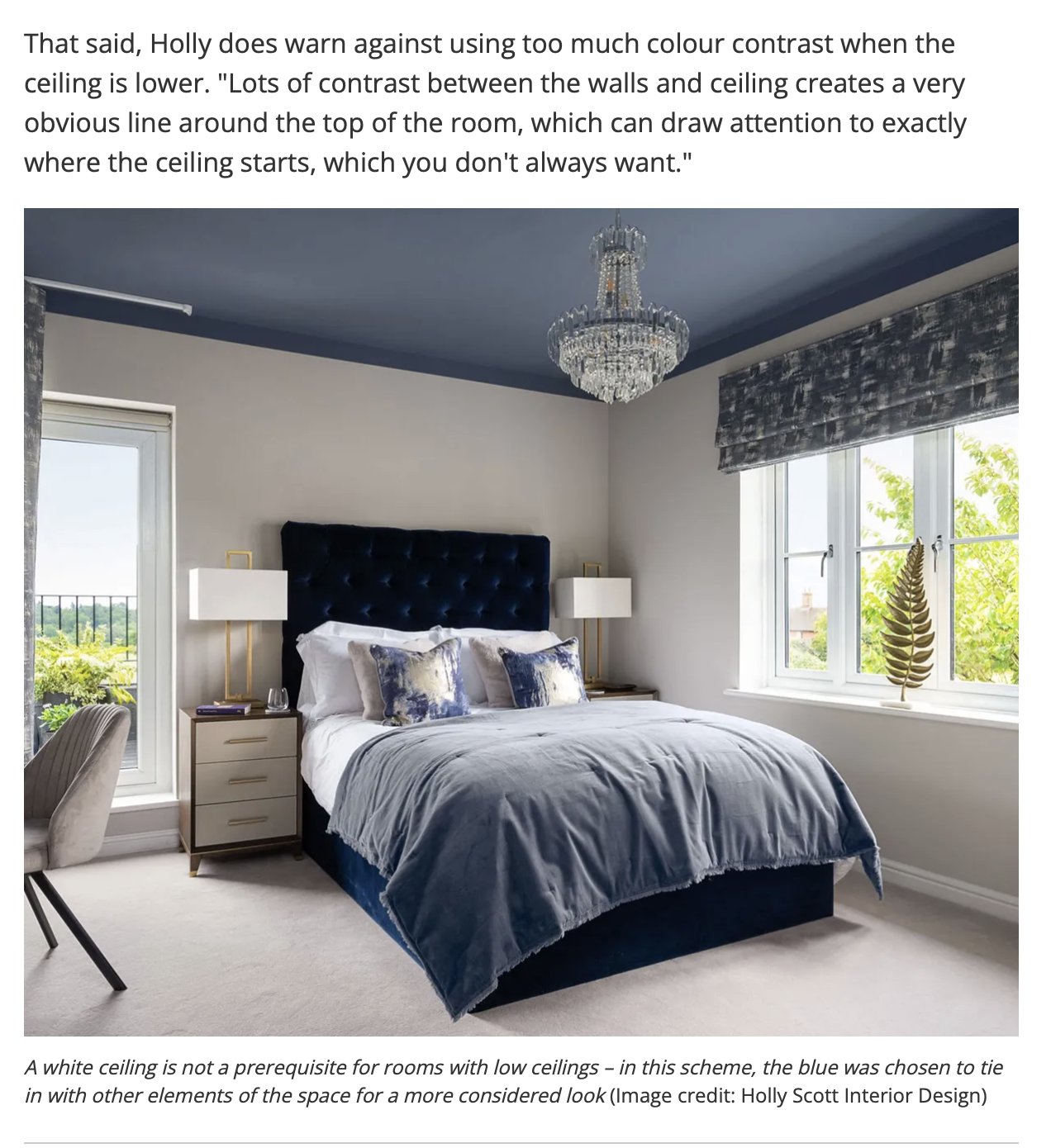 Blue bedroom with painted ceiling by Holly Scott Interior Design featured in Homebuilding & Renovating
