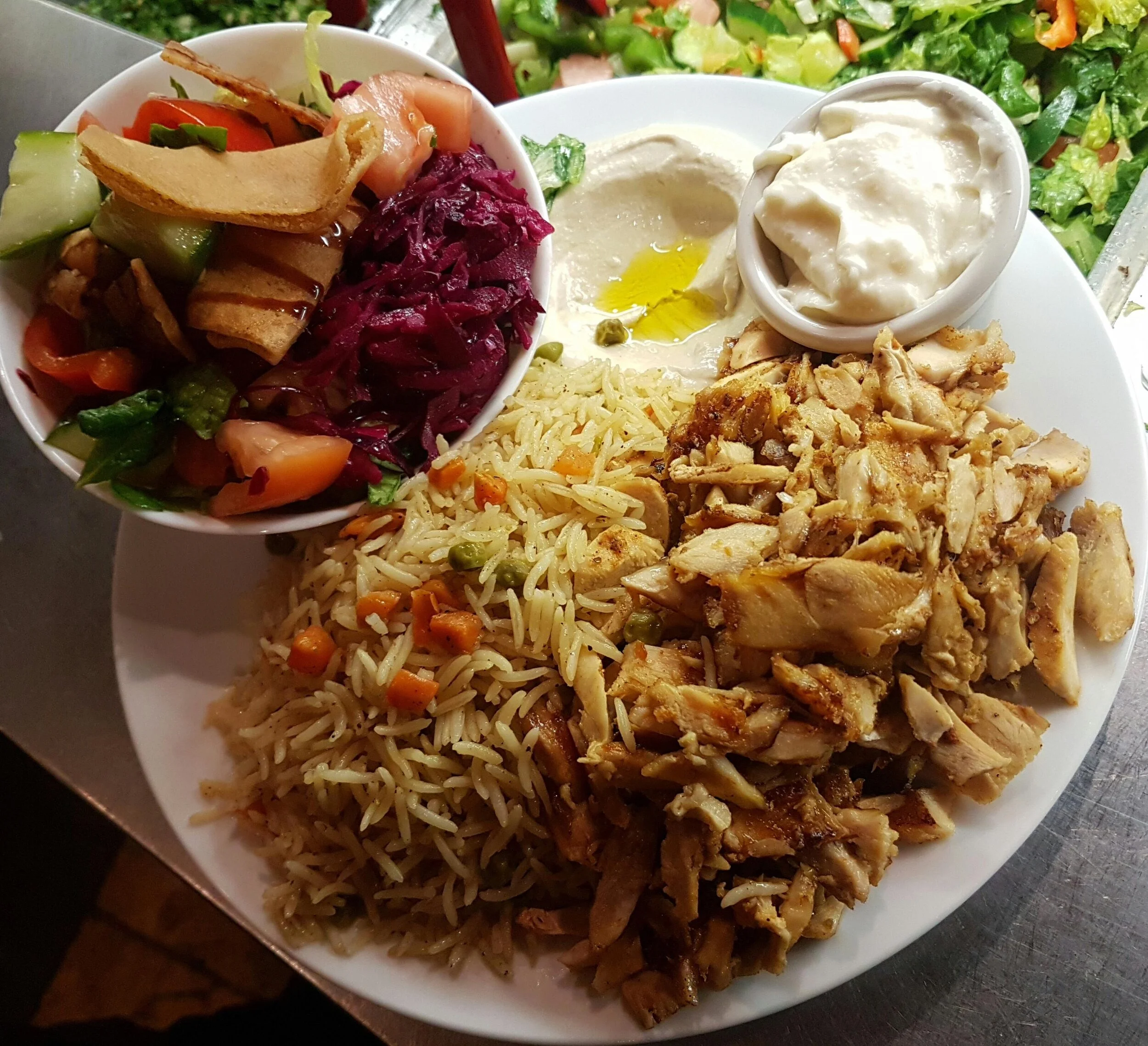 Chicken Shawarma Plate with Rice and Fatoush Salad
