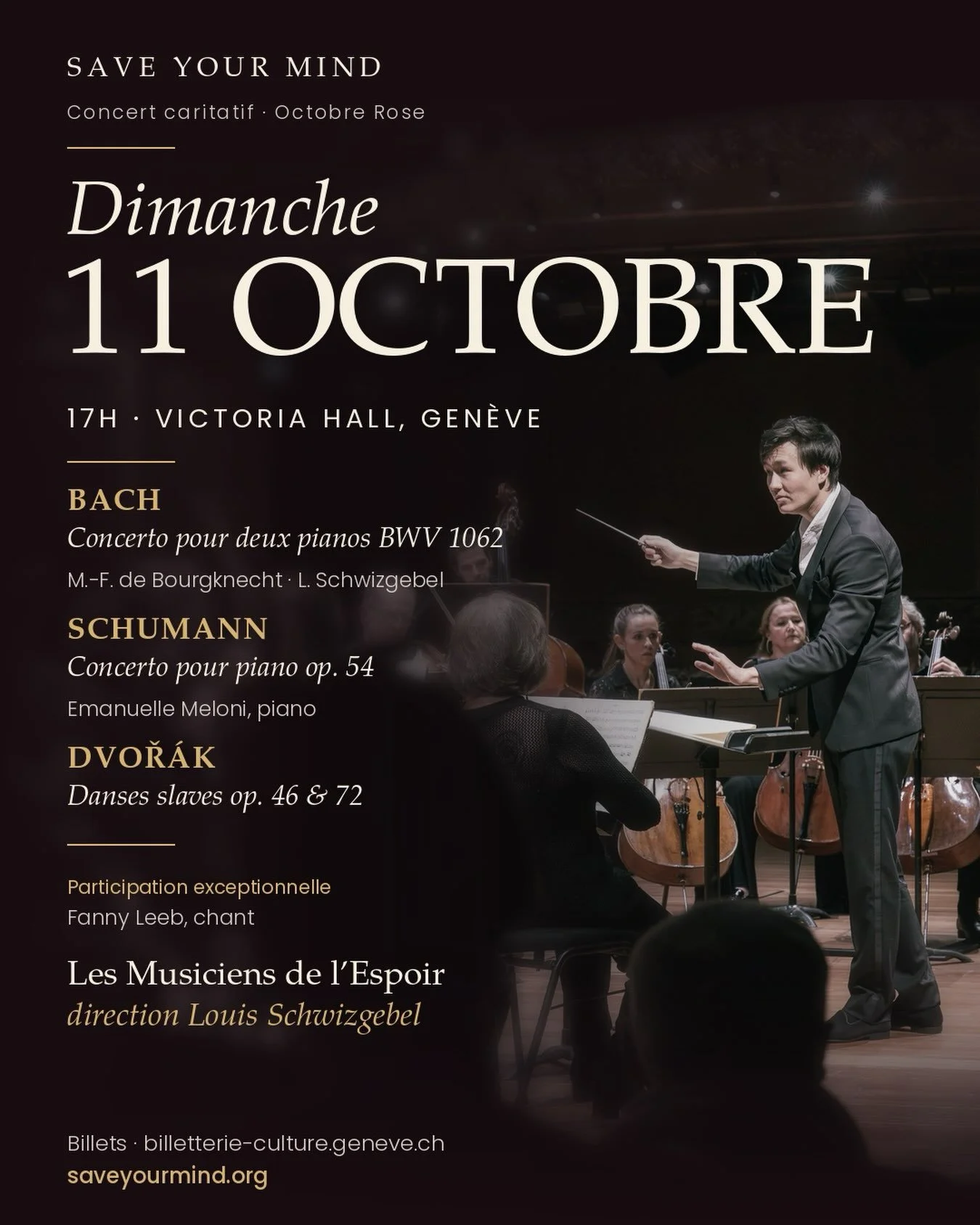 Dimanche 11 octobre, 17h, j&rsquo;ai la joie de retrouver le Victoria Hall pour un concert caritatif de l&rsquo;association Save Your Mind, dans le cadre d&rsquo;Octobre Rose 🎀

Save Your Mind est n&eacute;e du combat de Marie-Fran&ccedil;oise de Bo