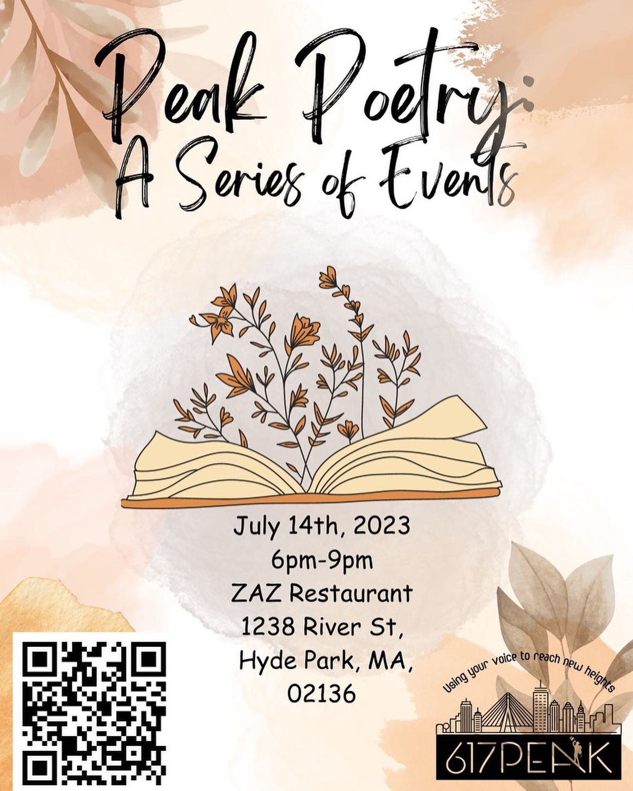 THIS FRIDAY, JULY 14th, 617Peak is hosting a poetry/creative writing workshop at Zaz in Hyde Park from 6pm-9pm!📚Doors will open at 5:45, tell a friend to tell a friend! 𝐋𝐈𝐍𝐊 𝐈𝐍 𝐎𝐔𝐑 𝐁𝐈𝐎 𝐓𝐎 𝐑𝐄𝐆𝐈𝐒𝐓𝐄𝐑! AGES 14-19! 

July 14th, 2023