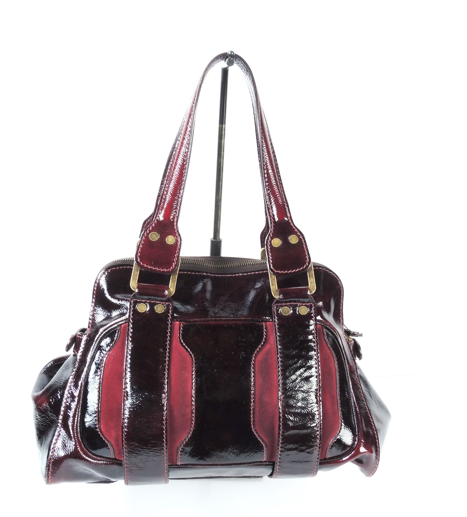 JIMMY CHOO Burgundy Patent and Suede 'Malena' Satchel