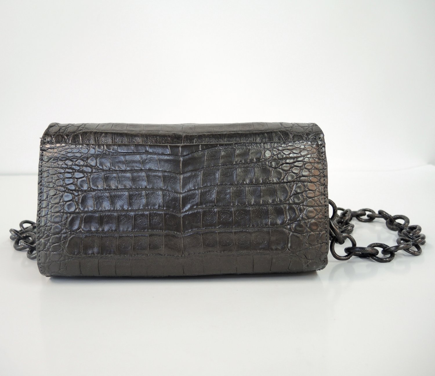 Nancy Gonzalez Crocodile Top Handle Flap Bag Gray Chain Strap Small Shoulder Bag
