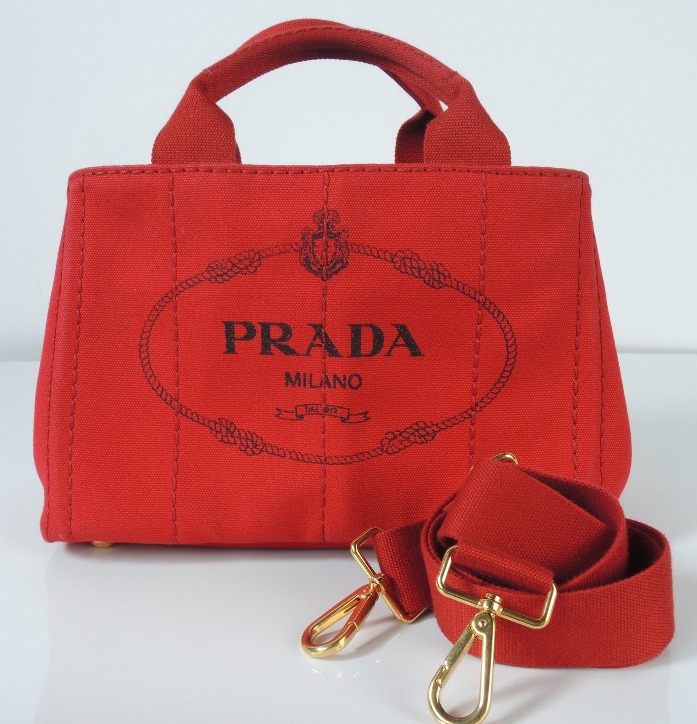 PRADA MILANO Authentic Red Leather-Canvas Shoulder Bag Purse Italy | eBay