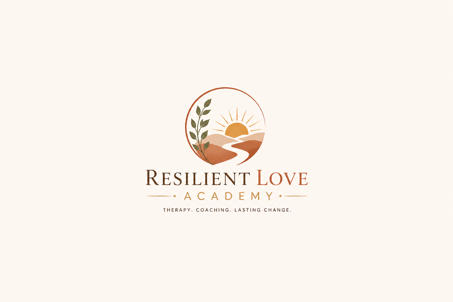 Logo of Resilient Love Academy featuring a sun rising over mountains and a winding path, with a green branch on the left.
