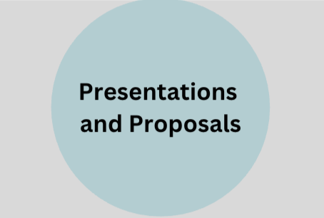A graphic with a big purple circle containing the text 'Presentations and Proposals' in white font, set against a light gray background.