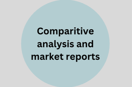 A round, muted mauve-colored graphic with white text that reads 'Comparative analysis and market reports' against a light gray background.