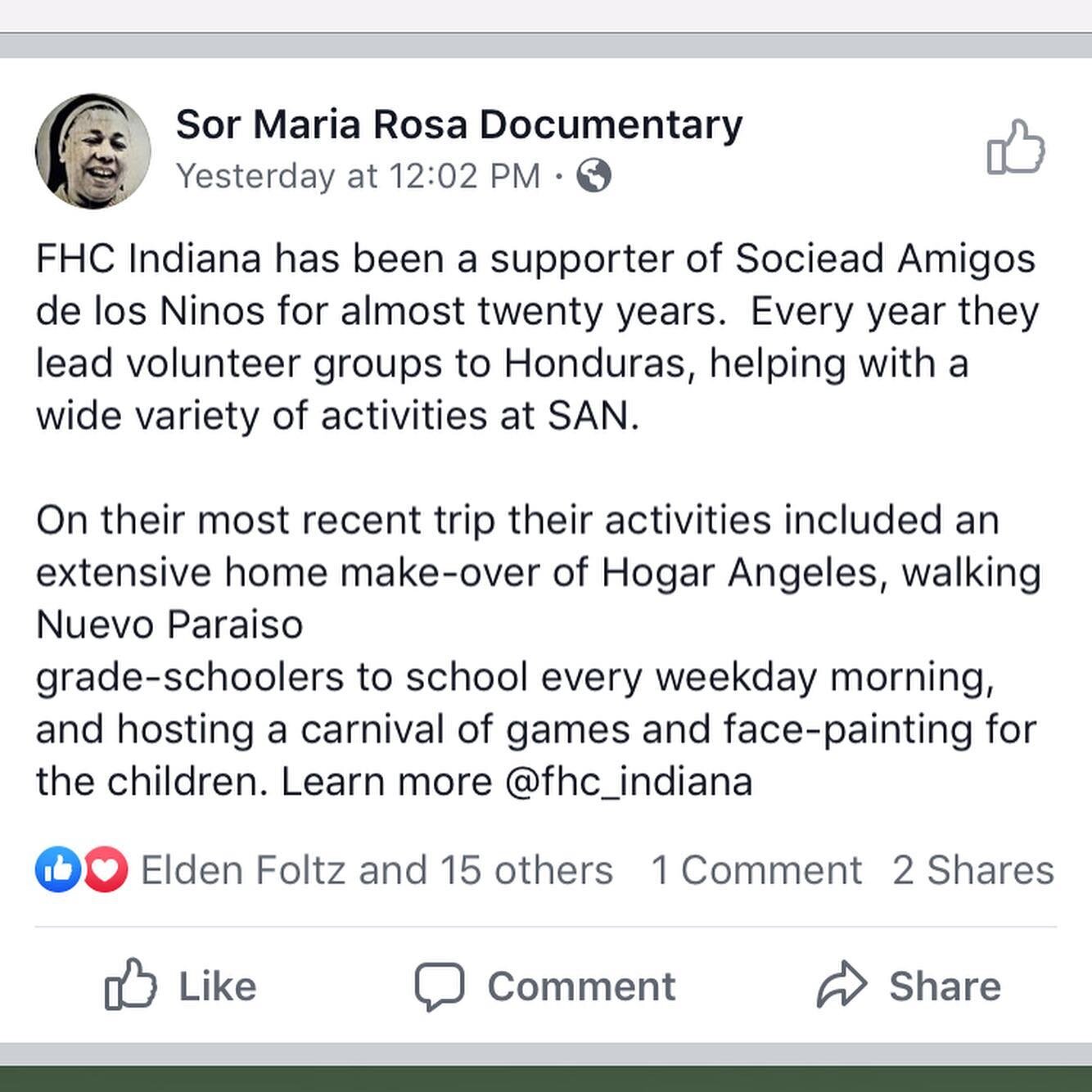 @sormariarosadocumentary recently posted about the work that we do in Honduras! They are making a documentary on Sor Maria Rosa and the impact she&rsquo;s made on thousands of Honduran children. Follow their page to learn more about Sor Maria Rosa an