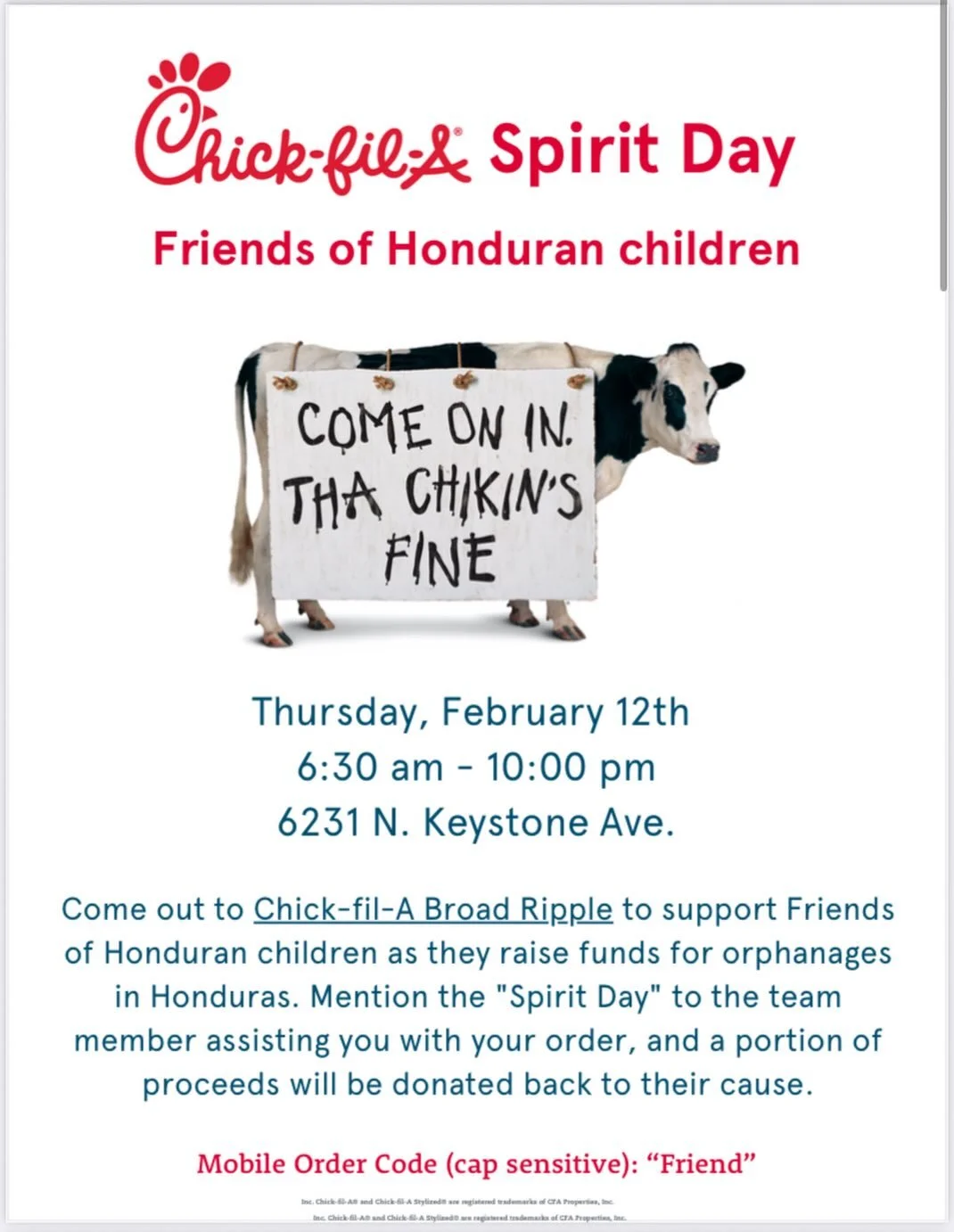 Mark your calendars! 🗓️ and &ldquo;Eat Mor Chikin&rdquo; for a good cause! 🐮🍟
A group of teens will be raising funds at Chick-fil-a in Broad Ripple for their trip this summer on July! Mention &ldquo;Spirit Day&rdquo; when you order or enter &ldquo
