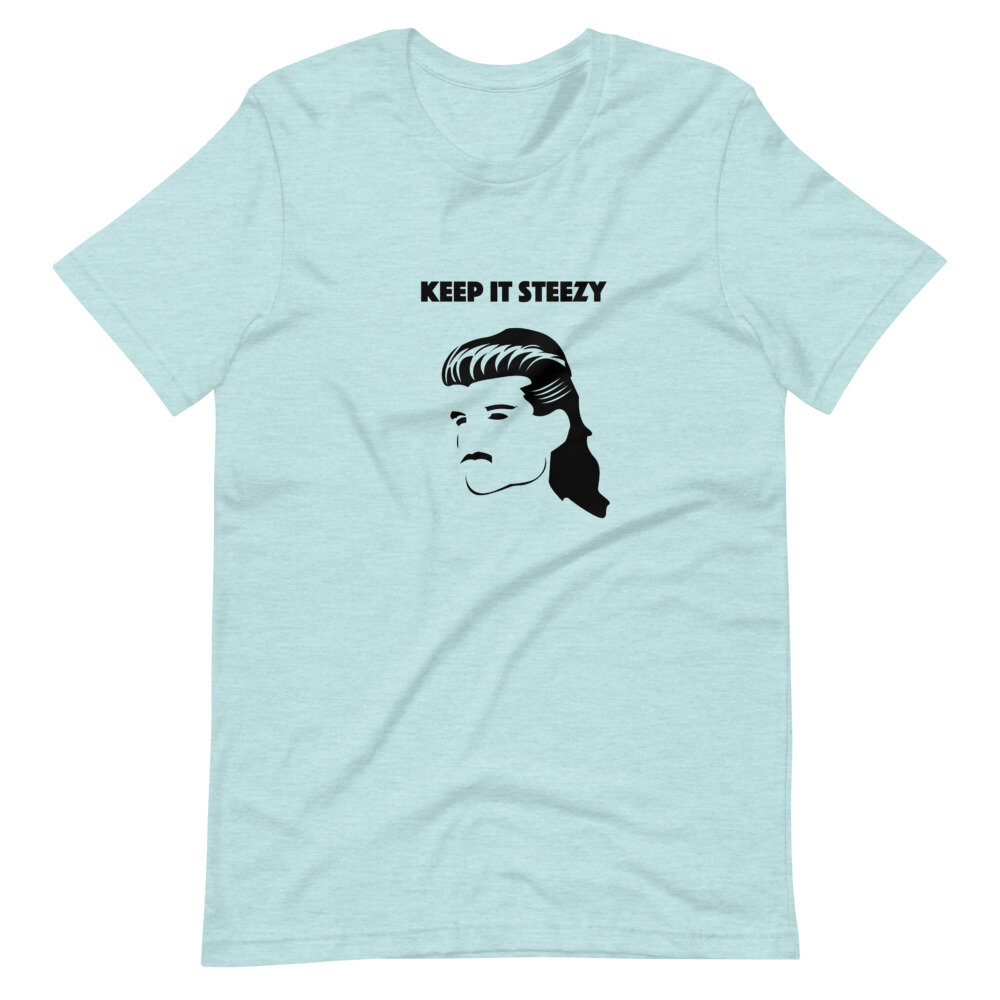 Steeze Man | Eighties Inspired Mullet | Unisex Short Sleeve T-Shirt | Heather Prism Ice Blue