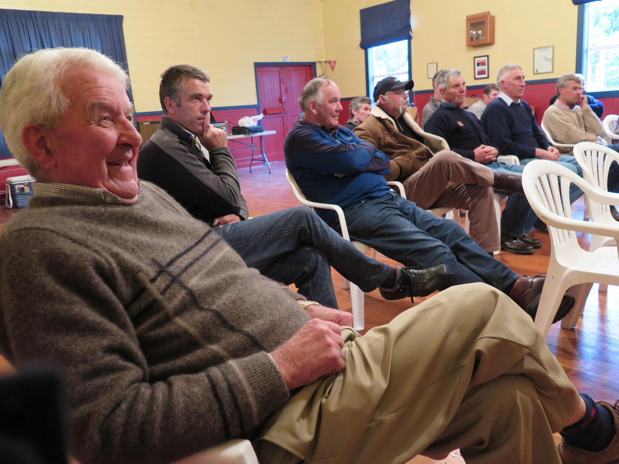 Above - Eugene O'Sullivan, founder of FibreScan, and a selection of wool farmers at a village hall meeting in South Canterbury.