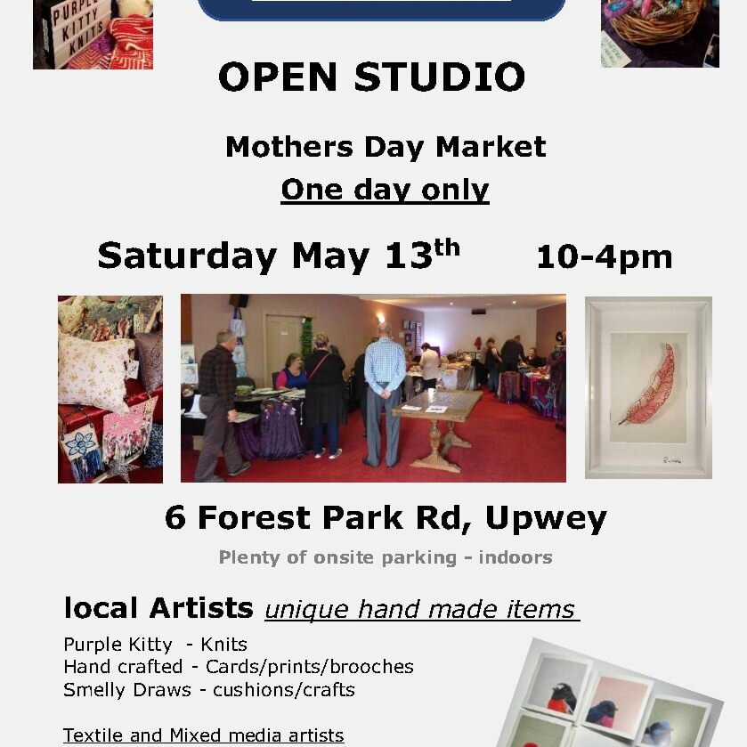 I'm back! I've had a couple of weeks rest and now I'm ready to get back into it all! 🧵🎨
Starting with a Mother's Day Market next weekend, organised by Rebecca Wolske - Textile Artist 😀

🗺Where: 6 Forest Park Road, Upwey
⏰Day/time: Saturday 13th M