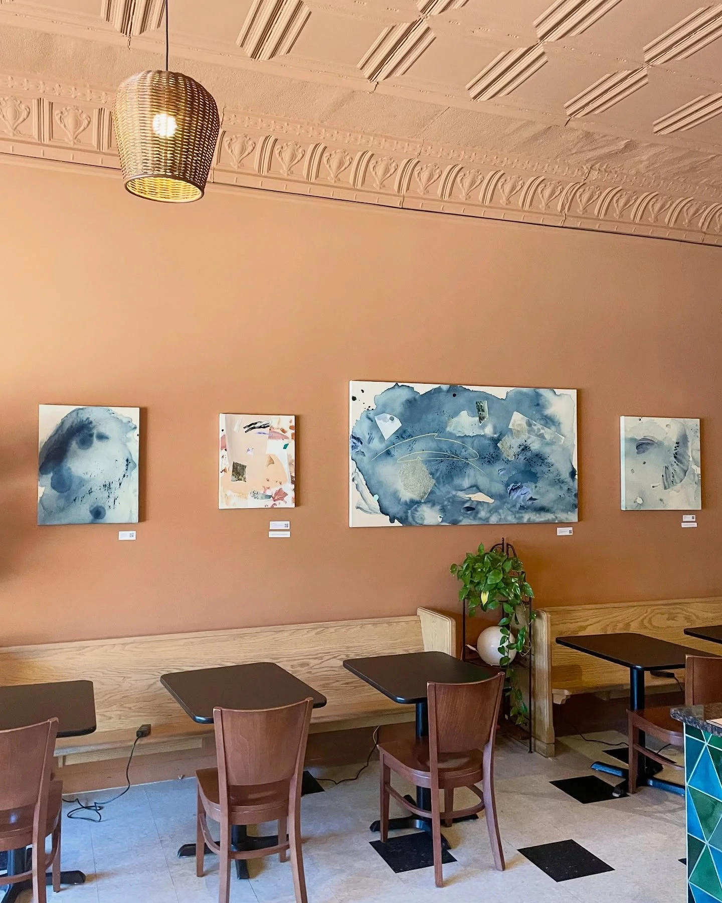 Fresh install at @mosaic.coffee.co! Stop in to see my available works and try their new fall flavors🍂🍎🍁 
All works available to purchase, contact me if interested.