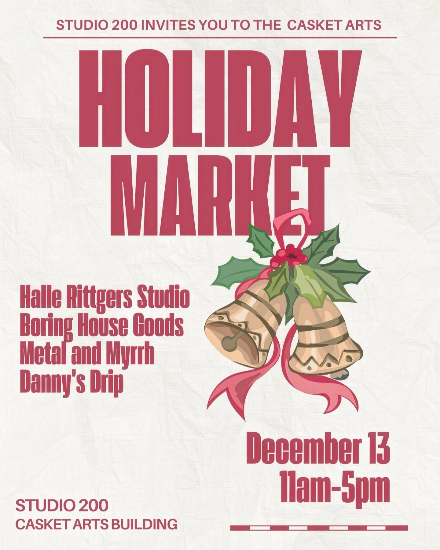 ✨THIS Saturday✨ Studio 200 invites you to the @casketarts Holiday Market, Dec 13! 

🗓️ Saturday, Dec. 13th 
⏰11am-5pm
📍681 17th Ave NE, Minneapolis

The Casket Arts Campus will be transformed into a festive marketplace with live music, a coffee car