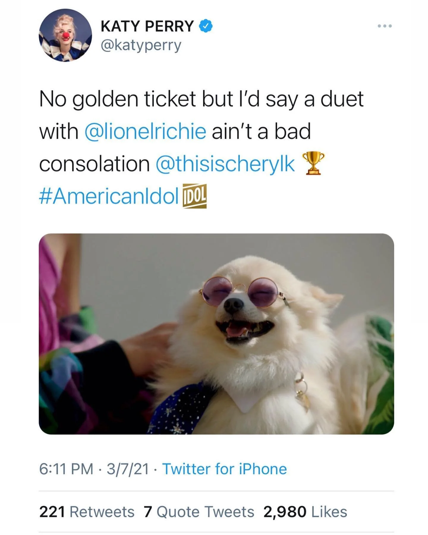 let&rsquo;s face it @KatyPerry - Jimmy Choo&rsquo;s the real star here 🐶😎🌟 Happy National Puppy Day @JimmyChooThePomPom !!❤️ #AmericanIdol #happynationaldogday