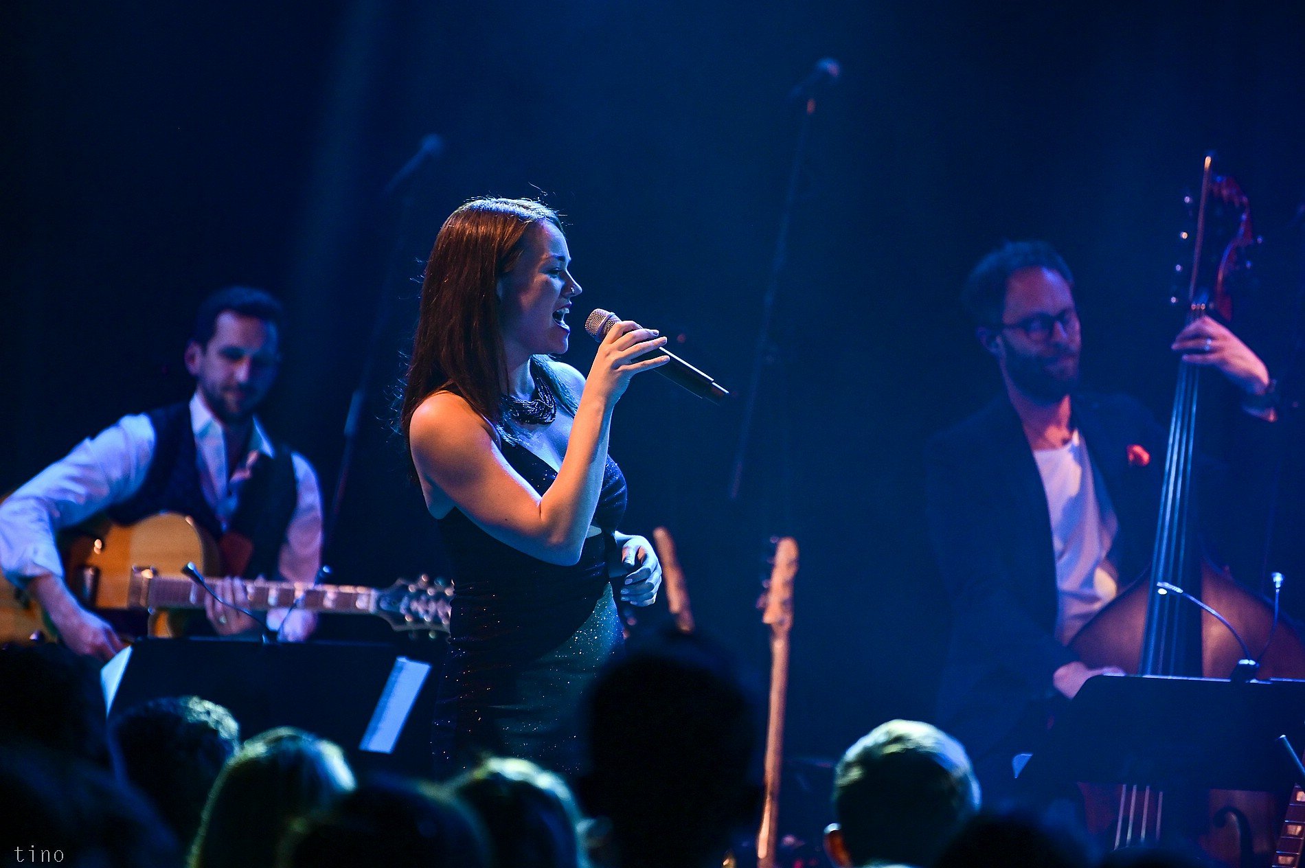 Woman singing into a microphone on stage with two men playing guitar and upright bass in the background, audience in the foreground.