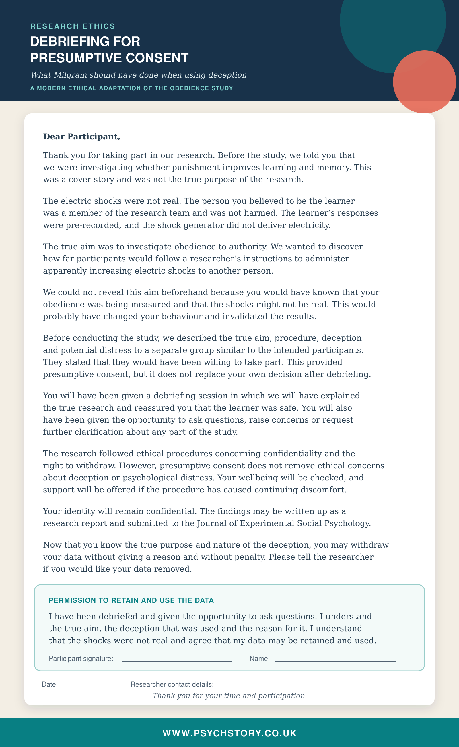 debriefing form with presumptive consent