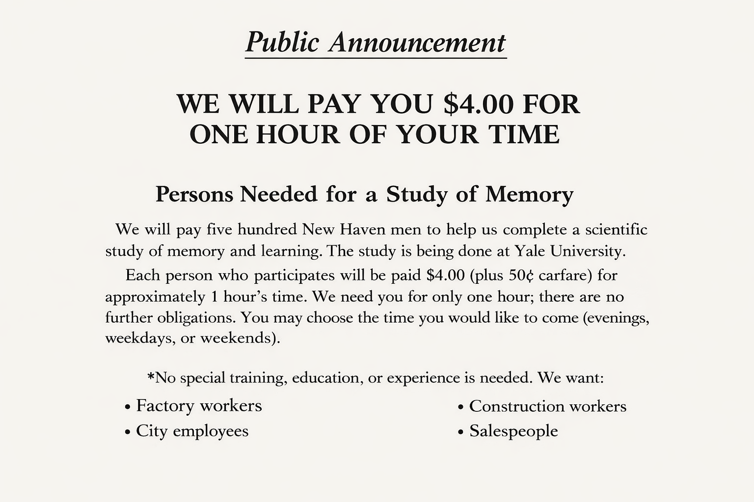MILGRAM ADVERT FOR PARTICIPANTS