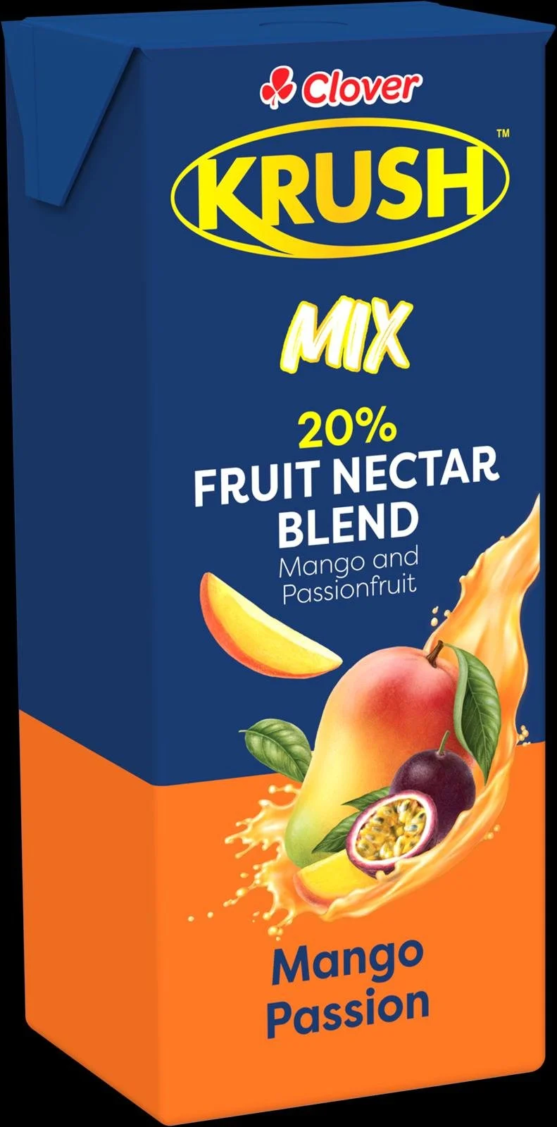 Box of Clover KRUSH Mix fruit nectar blend with mango and passionfruit, featuring images of mango, passionfruit, and mango nectar splash.