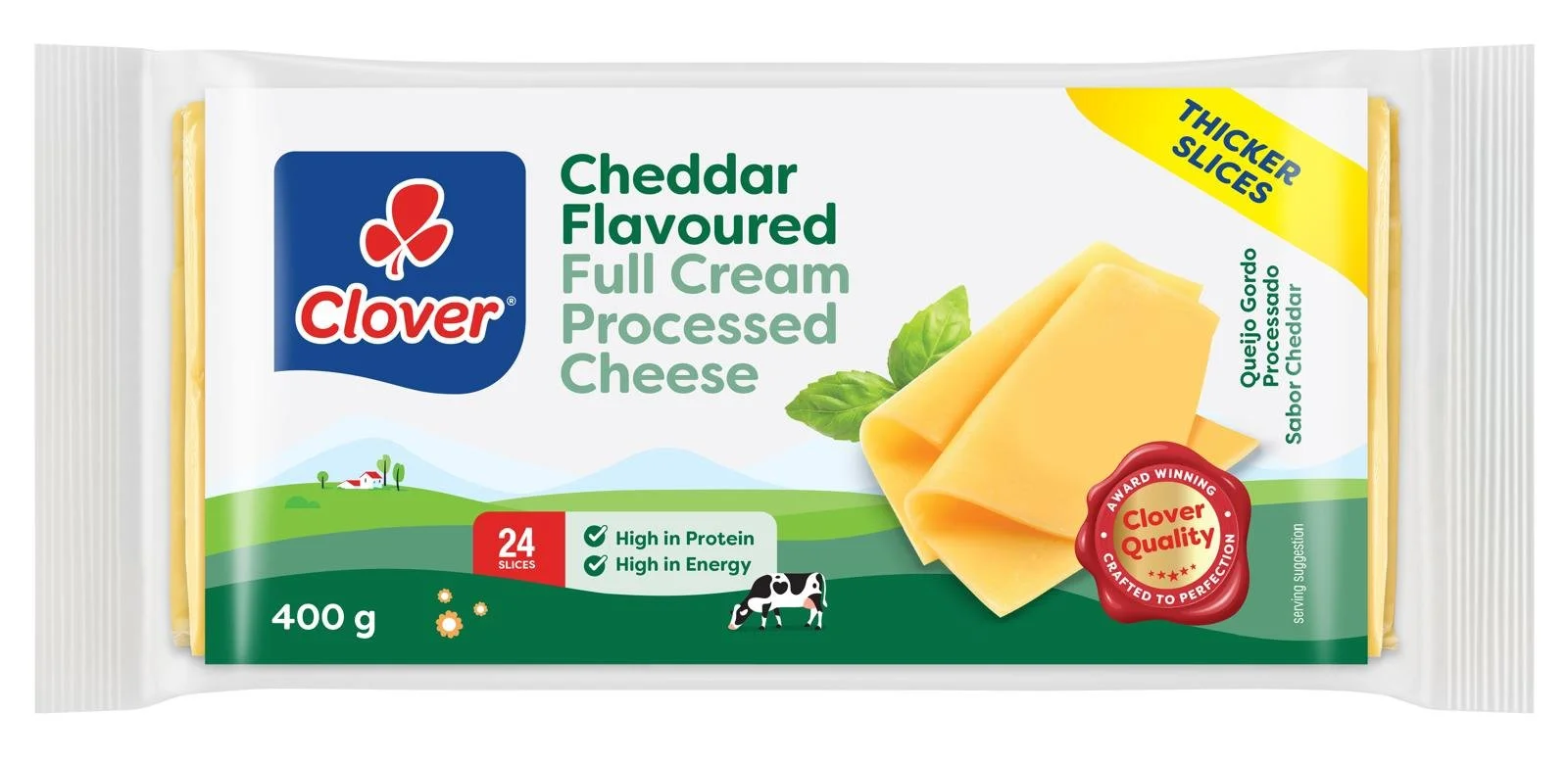Packaged cheddar flavored processed cheese slices with branding and labels indicating thickness, weight, and nutritional benefits.