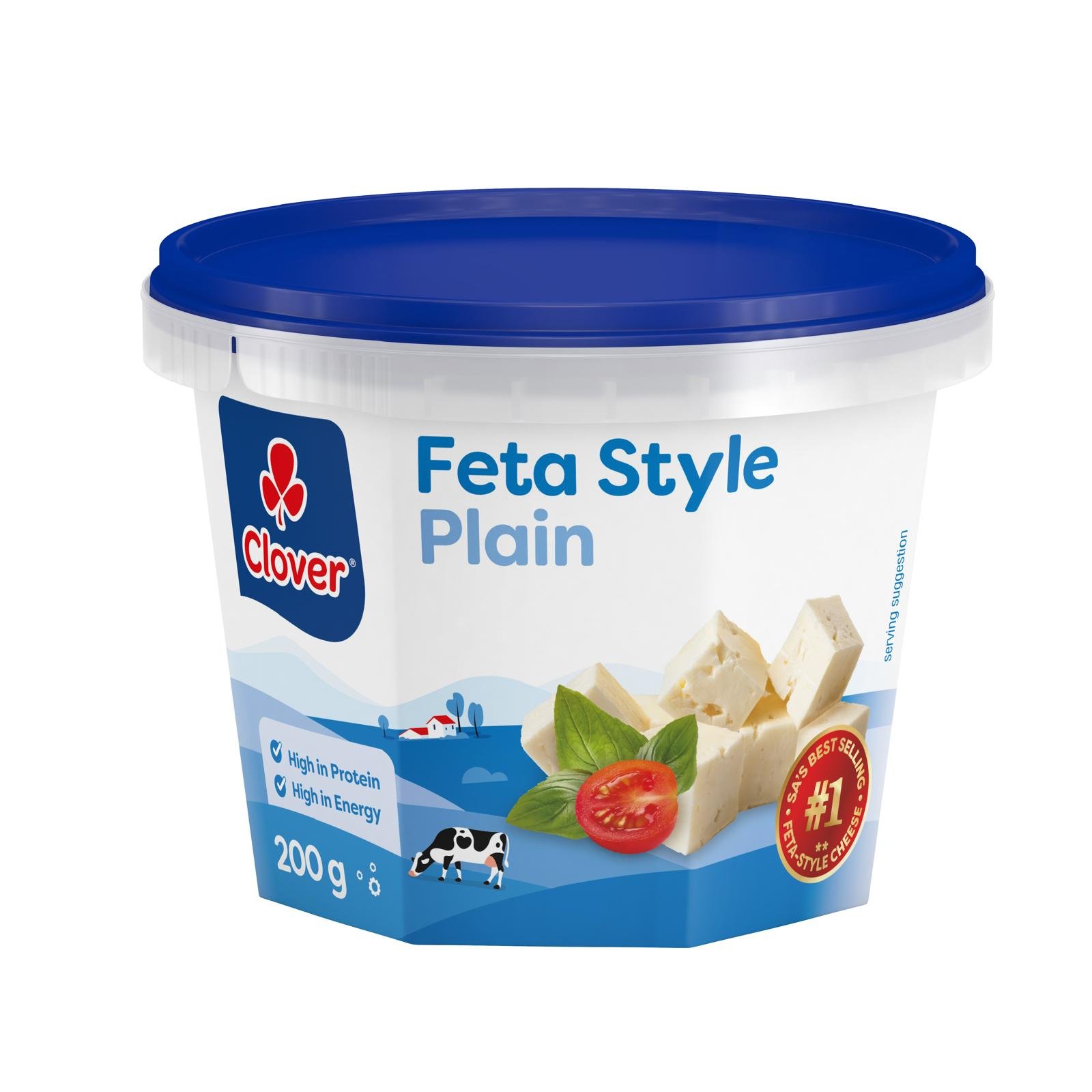 Container of Clover brand Feta Style plain cheese with images of feta cheese blocks, a tomato, and basil leaves on the label.