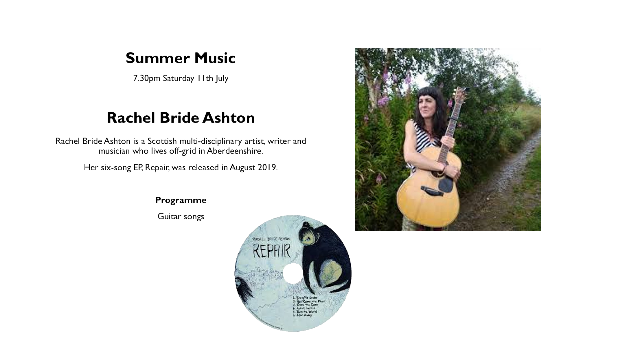 Summer Music Songs, Rachel Bride Ashton and guitar songs, The Old Kirk 7.30pm