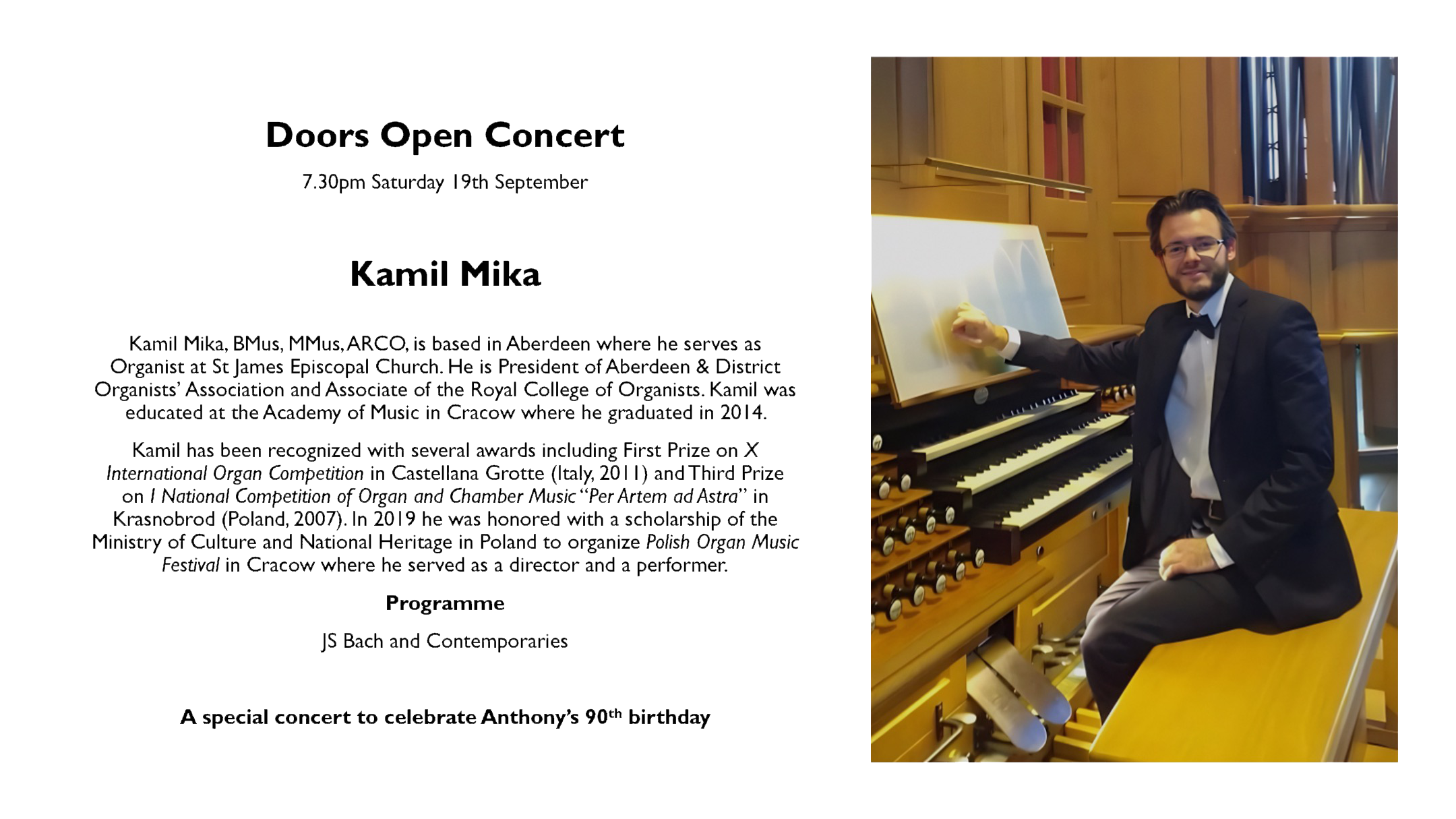 Kamil Mika Organ Recital, JS Bach and contemporaries, The Old Kirk 7.30pm