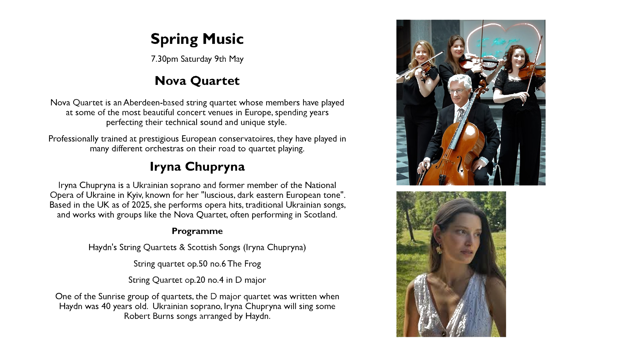 Spring Music, Haydn String Quartets played by Nova Quartet, The Old Kirk 7.30pm